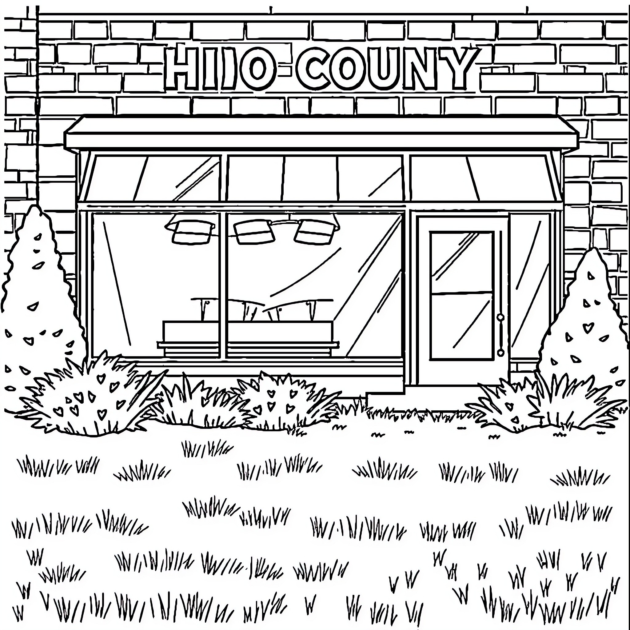 Ohio County Storefront Sketch Coloring Page (free black-and-white line drawing printable PDF for all, from beginners to advanced learners, including children, teens, adults, and seniors)