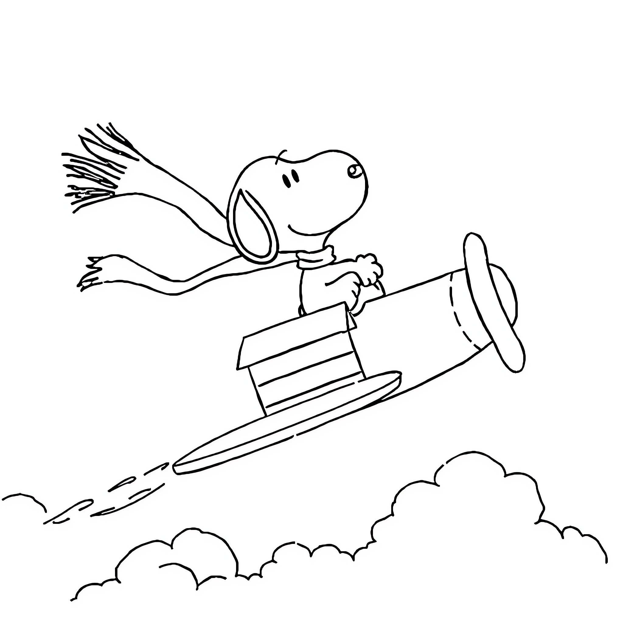 Snoopy soaring through the sky on his doghouse Coloring Page (free black-and-white line drawing printable PDF for all, from beginners to advanced learners, including children, teens, adults, and seniors)