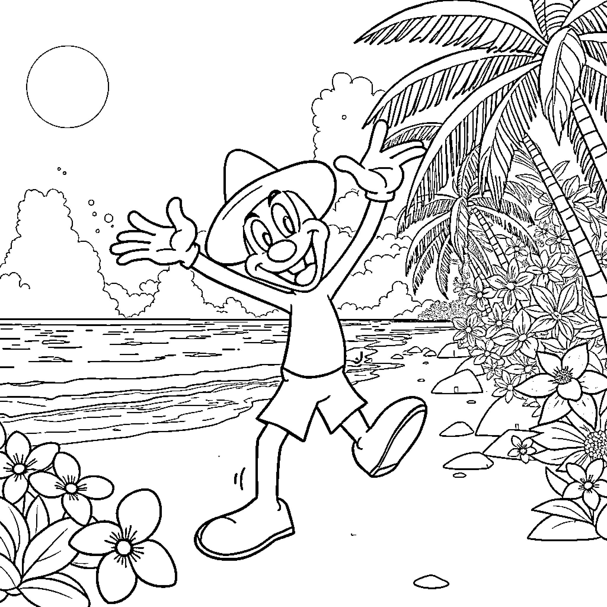 Rayman enjoying the tropical beach scenery Coloring Page (free black-and-white line drawing printable PDF for all, from beginners to advanced learners, including children, teens, adults, and seniors)