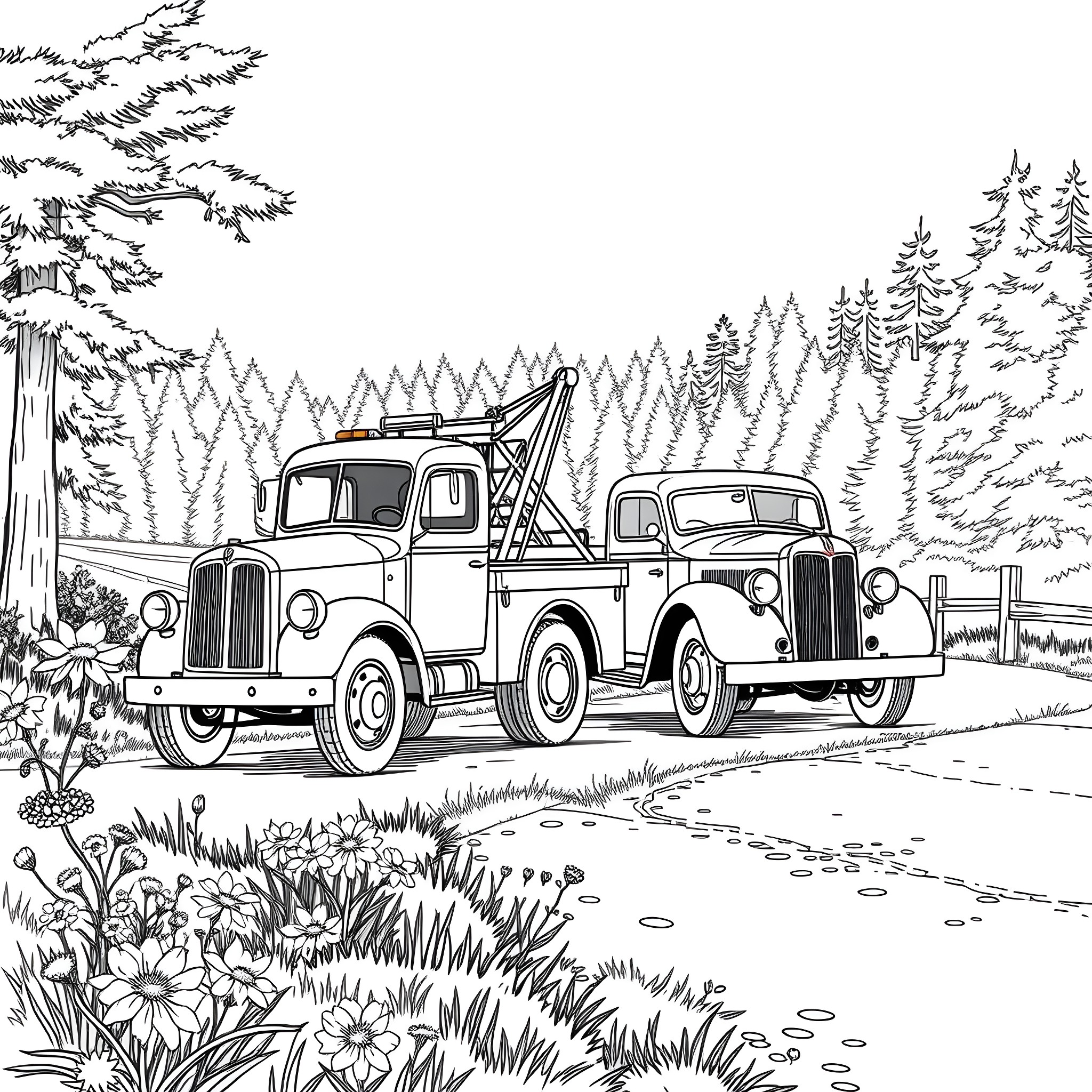 Tow Truck Assisting a Stranded Vehicle in Serene Forest Surroundings Coloring Page (free black-and-white line drawing printable PDF for all, from beginners to advanced learners, including children, teens, adults, and seniors)