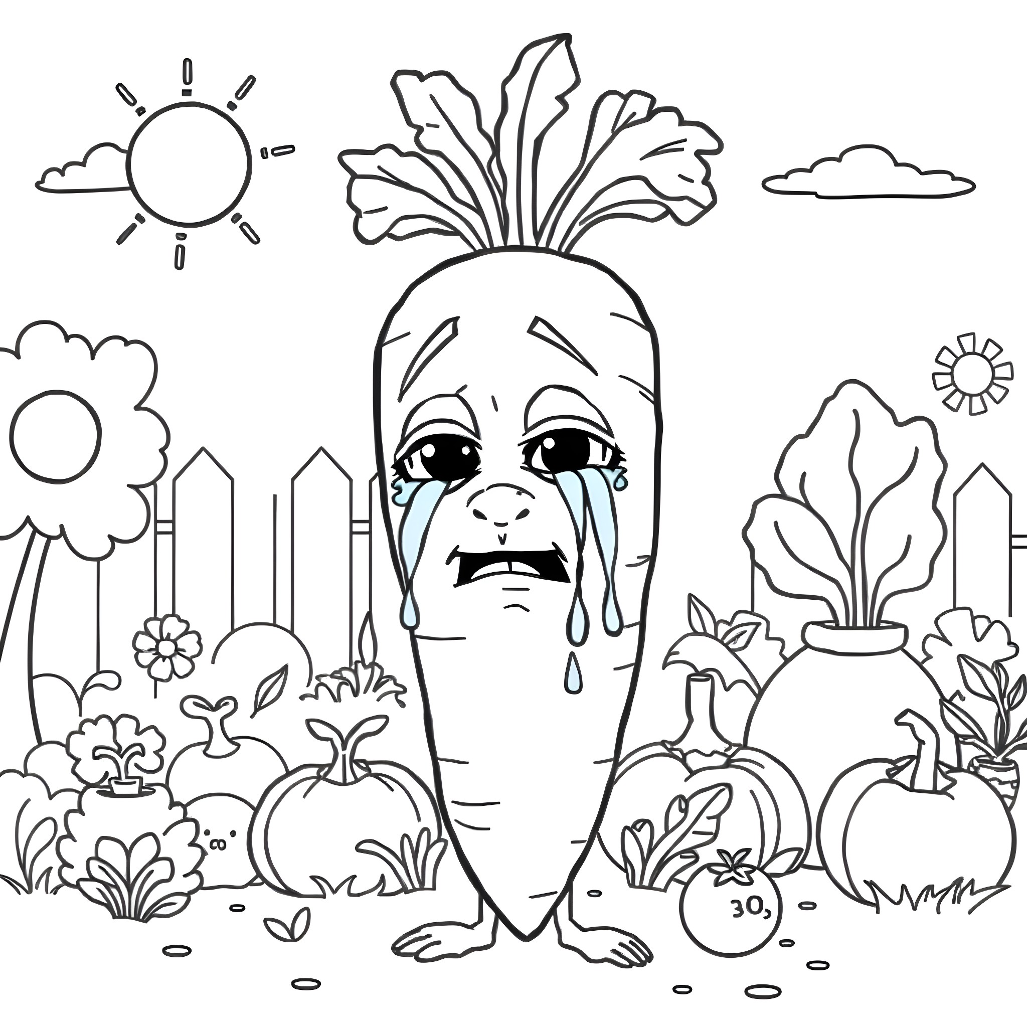 Carrot character enjoying the sunny garden Coloring Page (free black-and-white line drawing printable PDF for all, from beginners to advanced learners, including children, teens, adults, and seniors)
