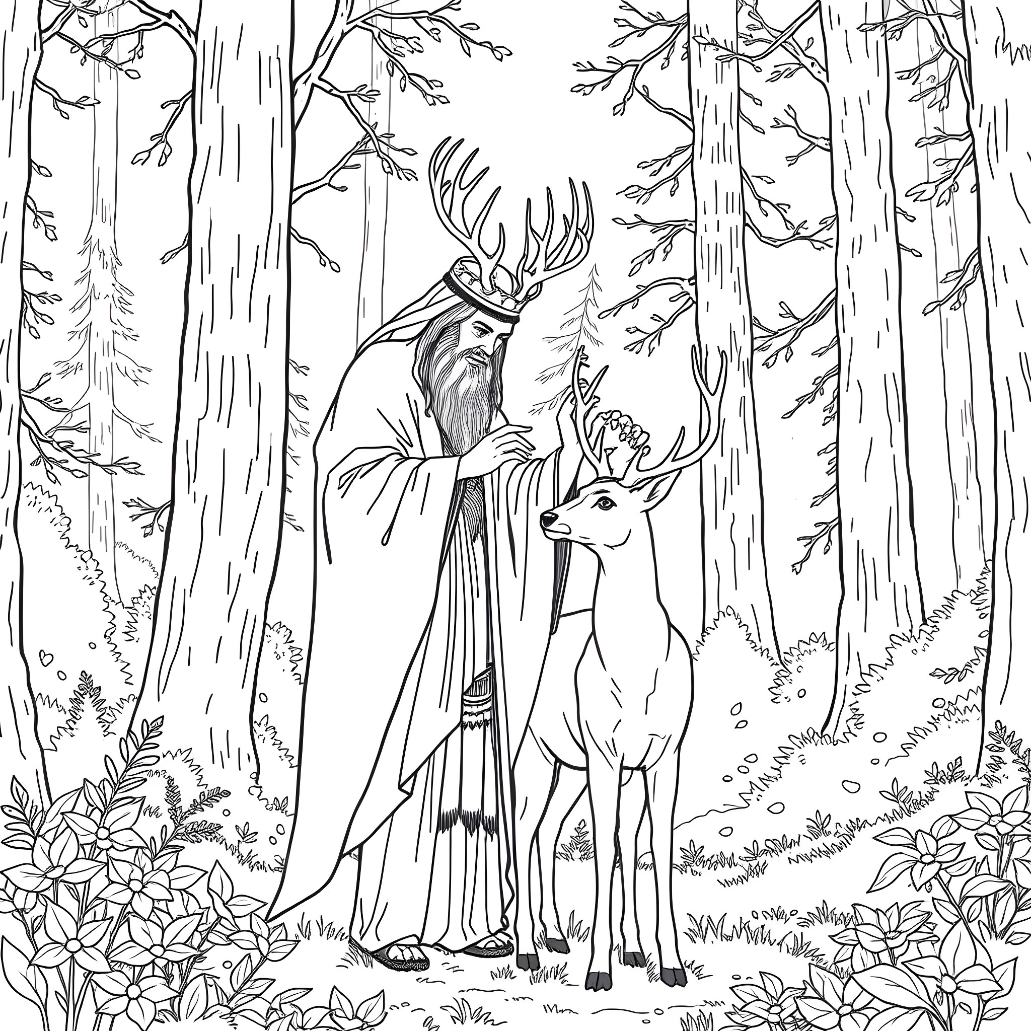 Spirit of the Enchanted Forest Coloring Page (free black-and-white line drawing printable PDF for all, from beginners to advanced learners, including children, teens, adults, and seniors)