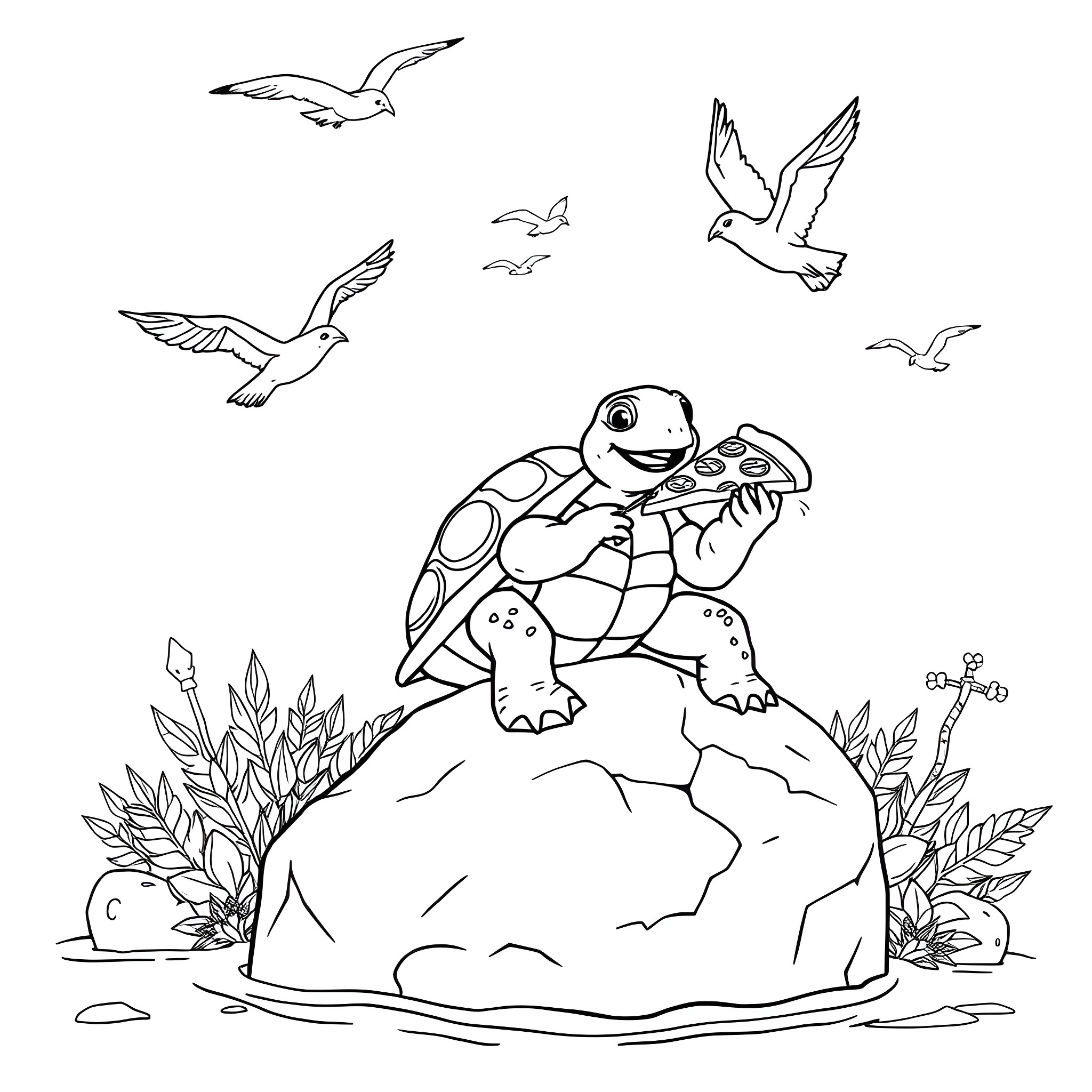 Turtle relaxing on a rock surrounded by birds Coloring Page (free black-and-white line drawing printable PDF for all, from beginners to advanced learners, including children, teens, adults, and seniors)