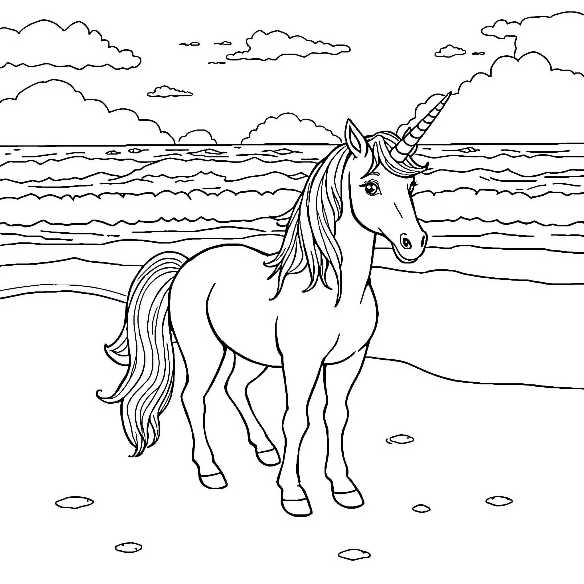 Unicorn standing on the beach with waves Coloring Page (free black-and-white line drawing printable PDF for all, from beginners to advanced learners, including children, teens, adults, and seniors)