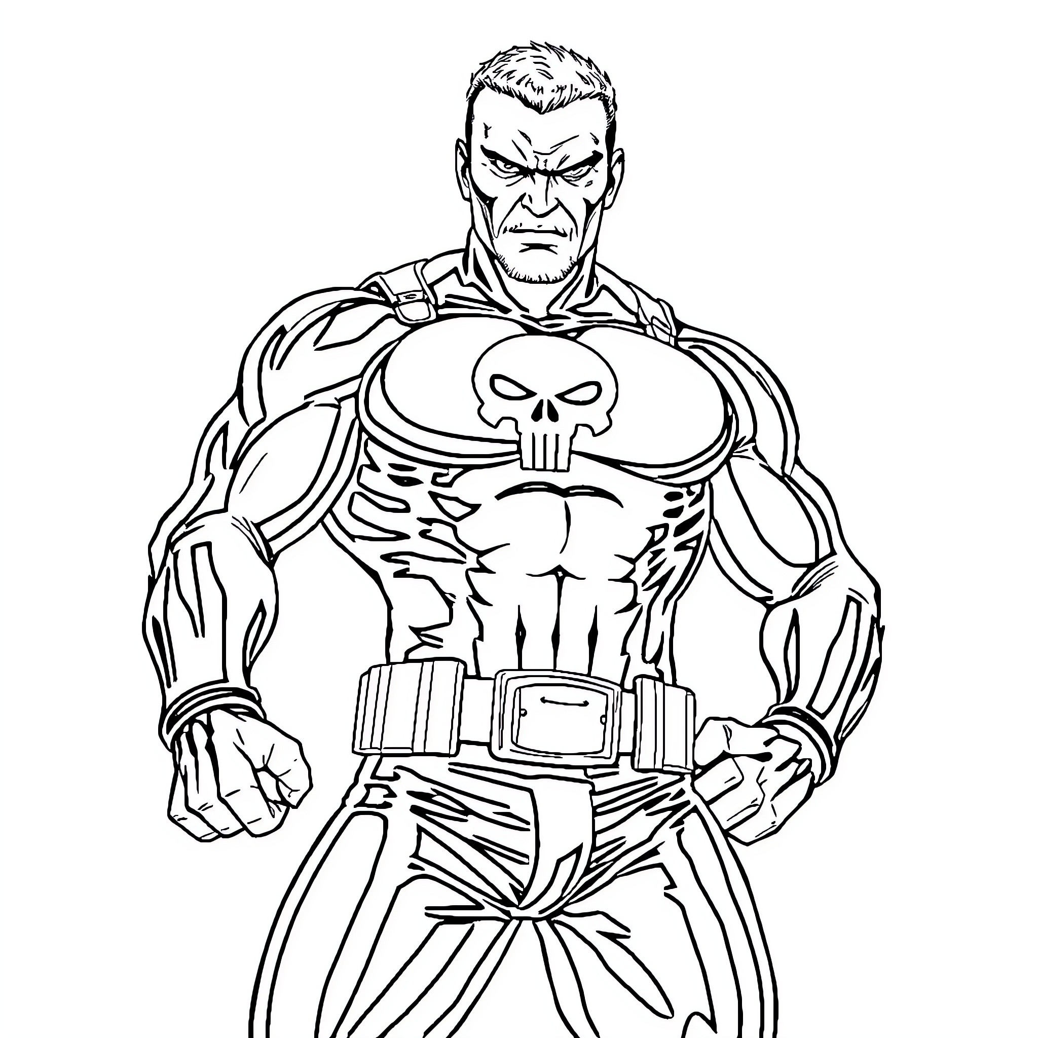 Punisher in Intimidating Stance with Skull Emblem Coloring Page (free black-and-white line drawing printable PDF for all, from beginners to advanced learners, including children, teens, adults, and seniors)