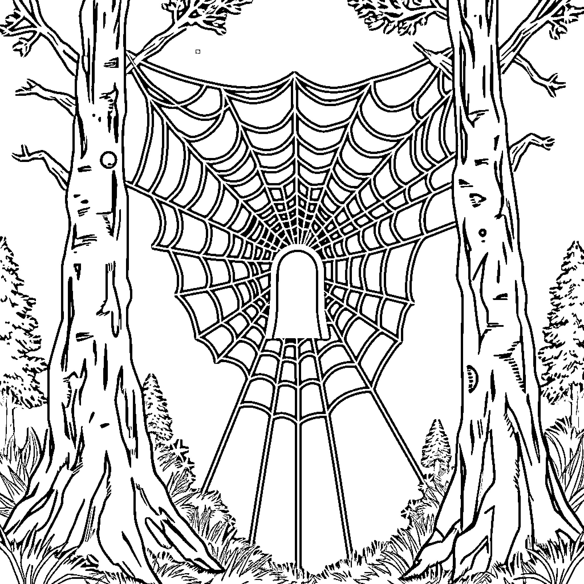 Spider Web in the Mysterious Forest Coloring Page (free black-and-white line drawing printable PDF for all, from beginners to advanced learners, including children, teens, adults, and seniors)