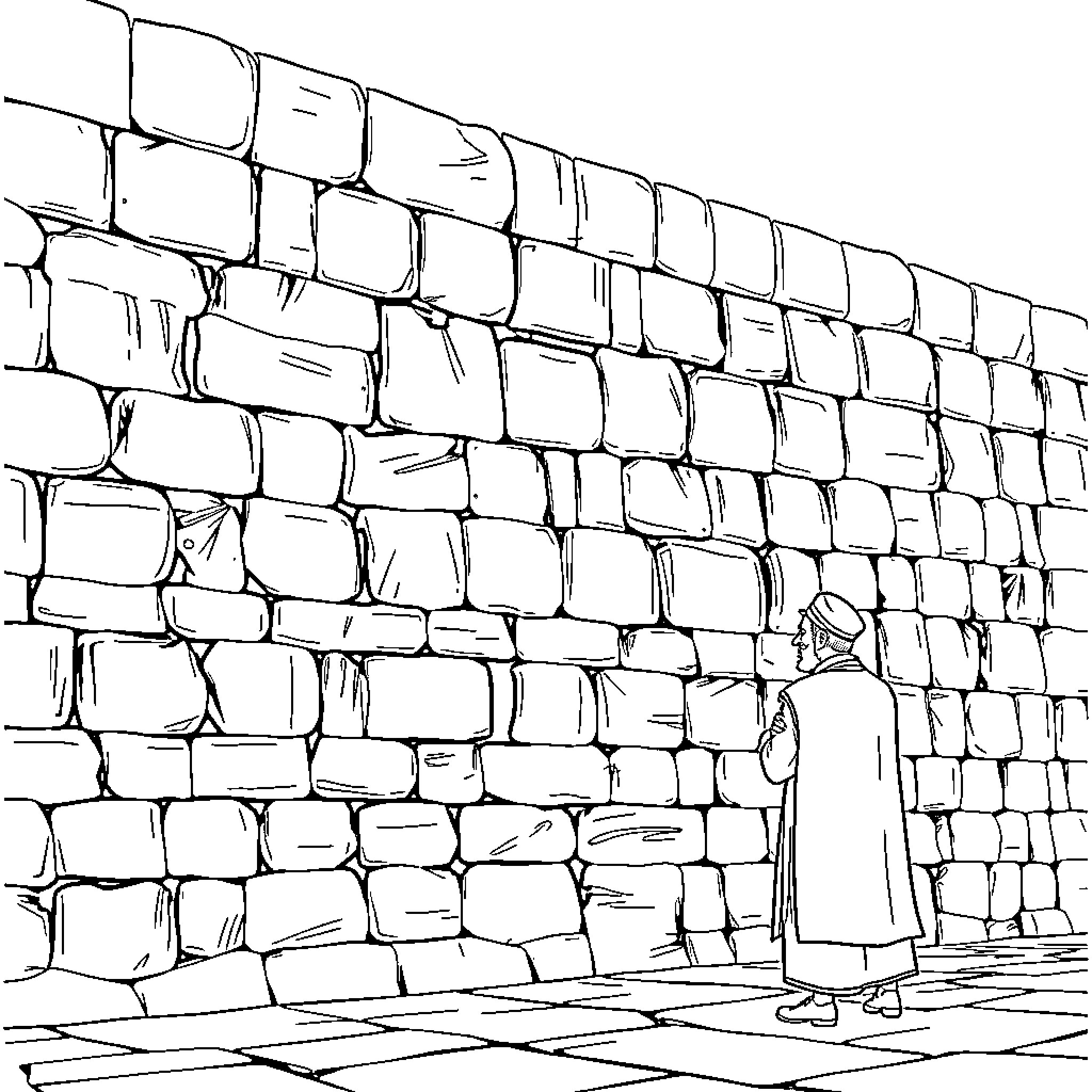 Rabbi praying at ancient stone wall Coloring Page (free black-and-white line drawing printable PDF for all, from beginners to advanced learners, including children, teens, adults, and seniors)