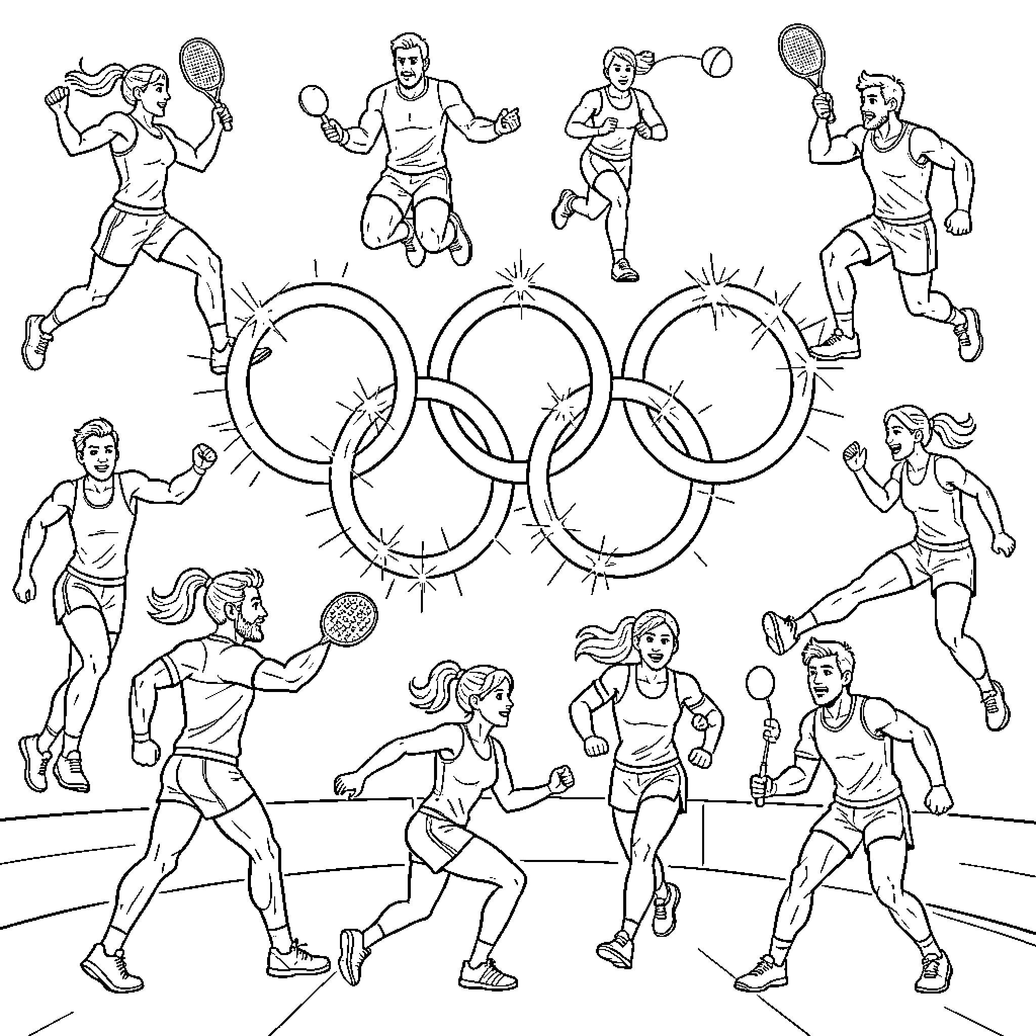 Olympic Rings with Athletes in Various Sports Competitions Coloring Page (free black-and-white line drawing printable PDF for all, from beginners to advanced learners, including children, teens, adults, and seniors)