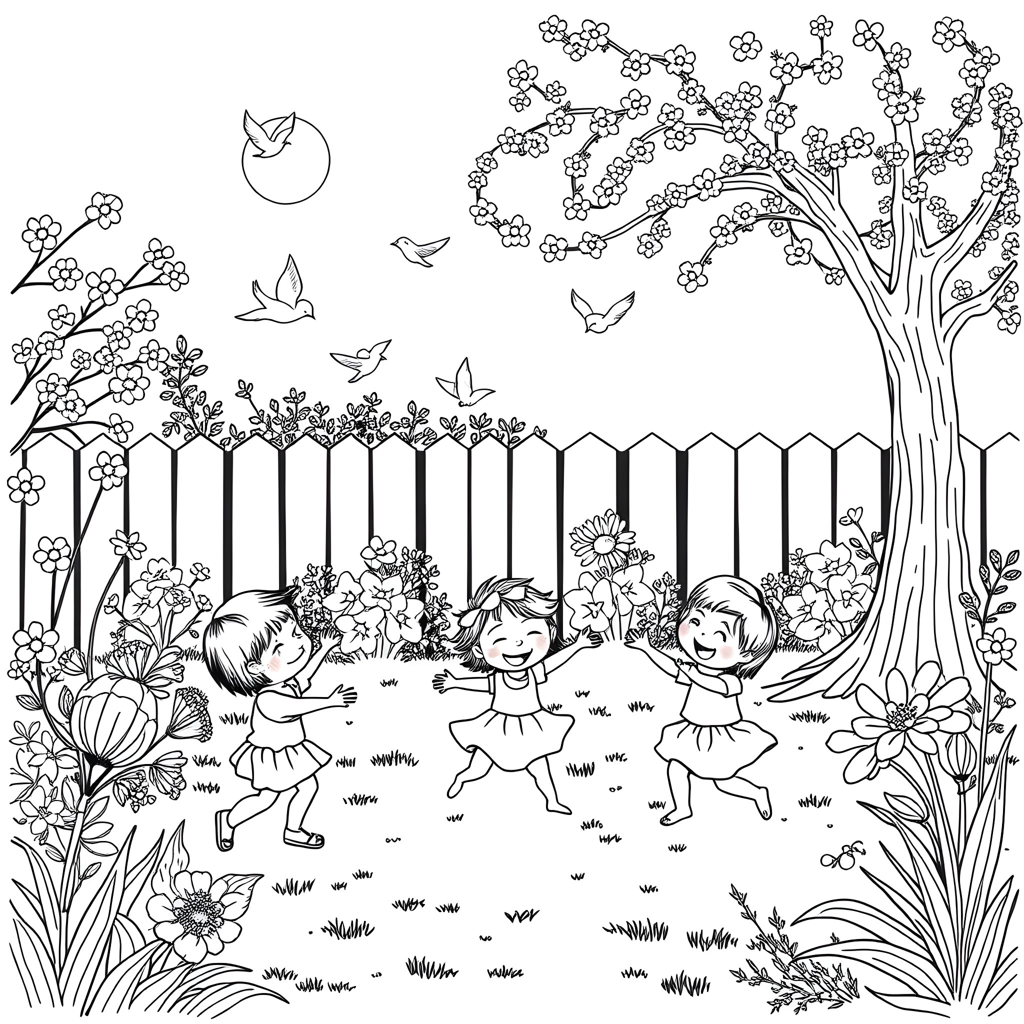 Kid playing happily in the garden with friends Coloring Page (free black-and-white line drawing printable PDF for all, from beginners to advanced learners, including children, teens, adults, and seniors)