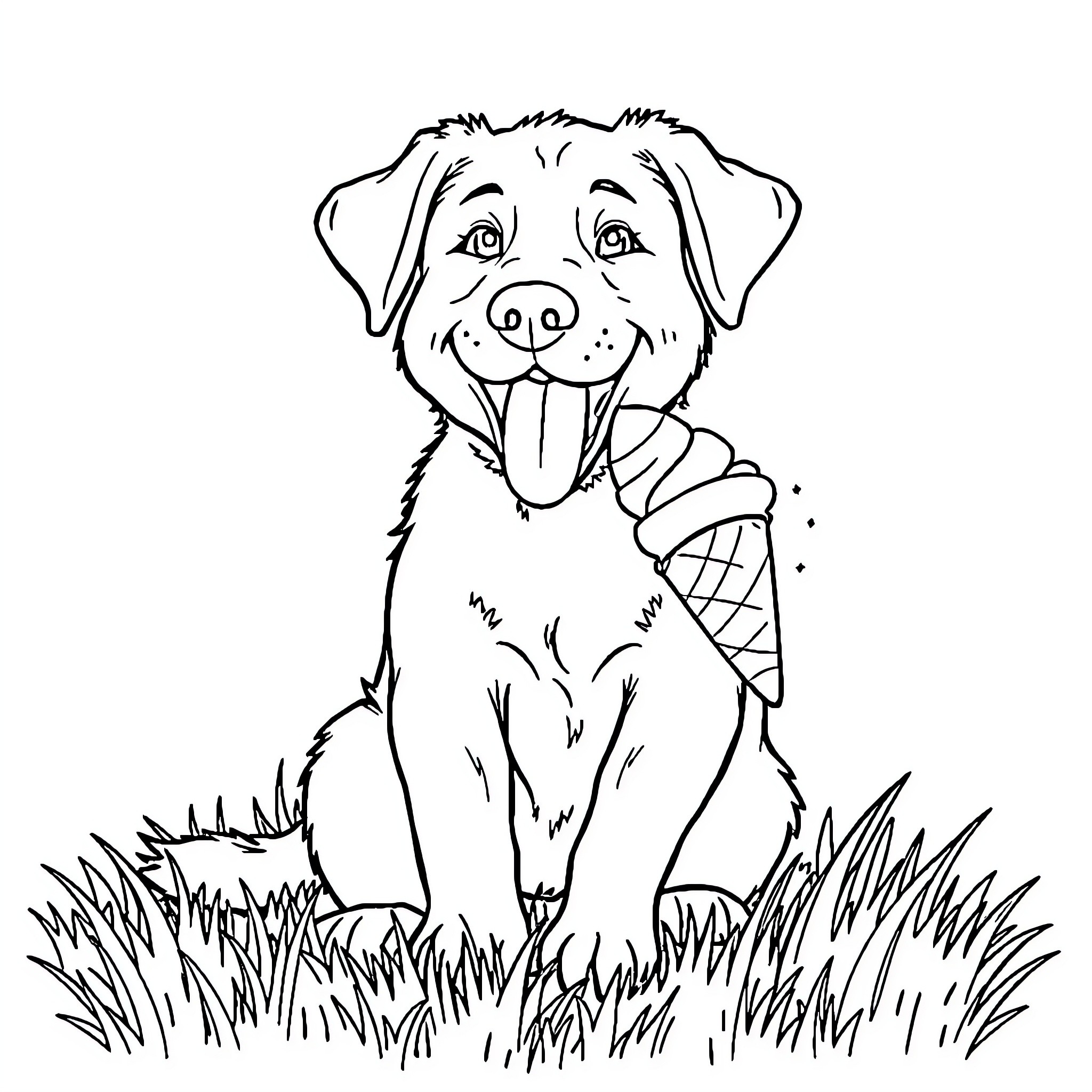 Dog enjoys tasty ice cream cone in grassy field Coloring Page (free black-and-white line drawing printable PDF for all, from beginners to advanced learners, including children, teens, adults, and seniors)