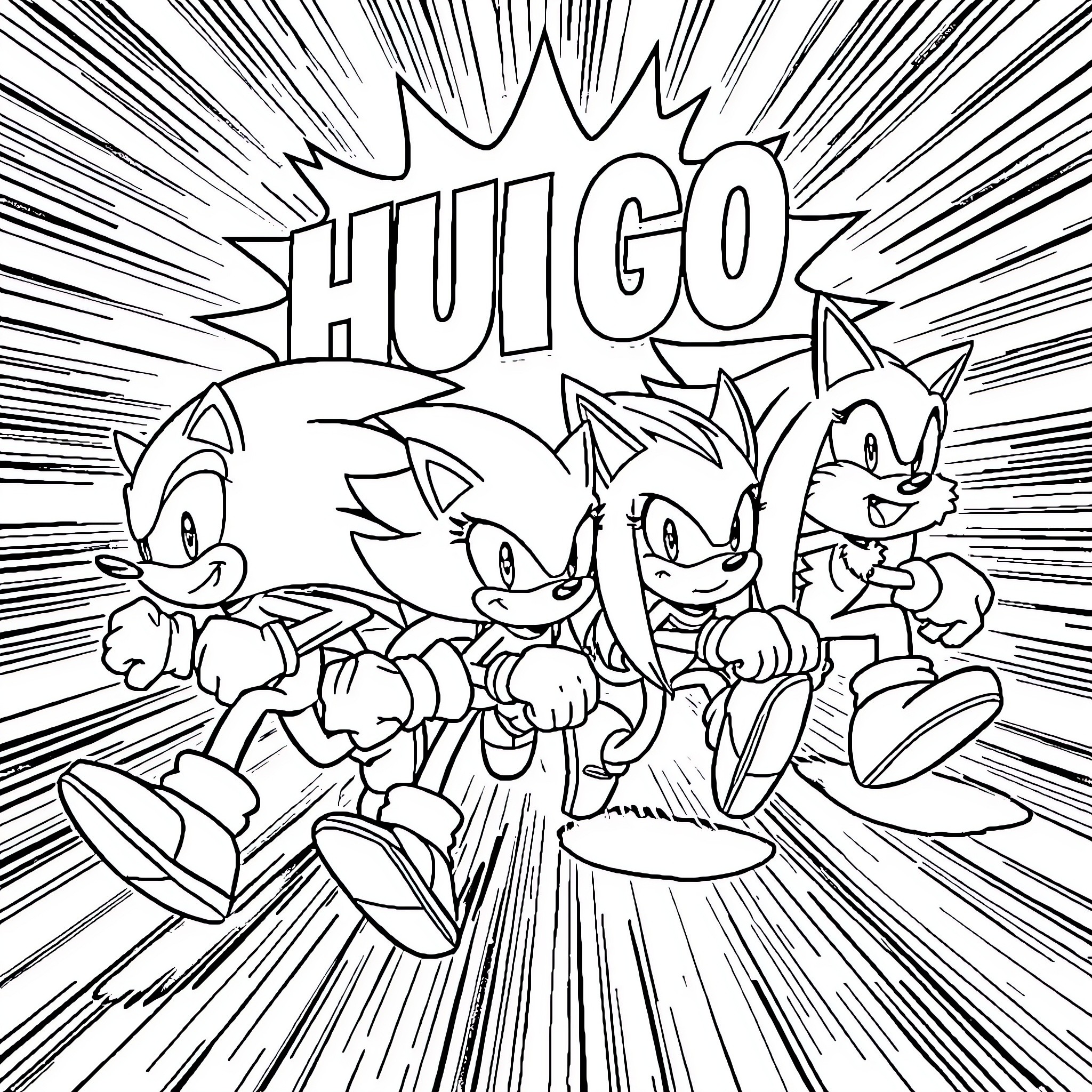 Sonic characters in action-packed comic style Coloring Page (free black-and-white line drawing printable PDF for all, from beginners to advanced learners, including children, teens, adults, and seniors)