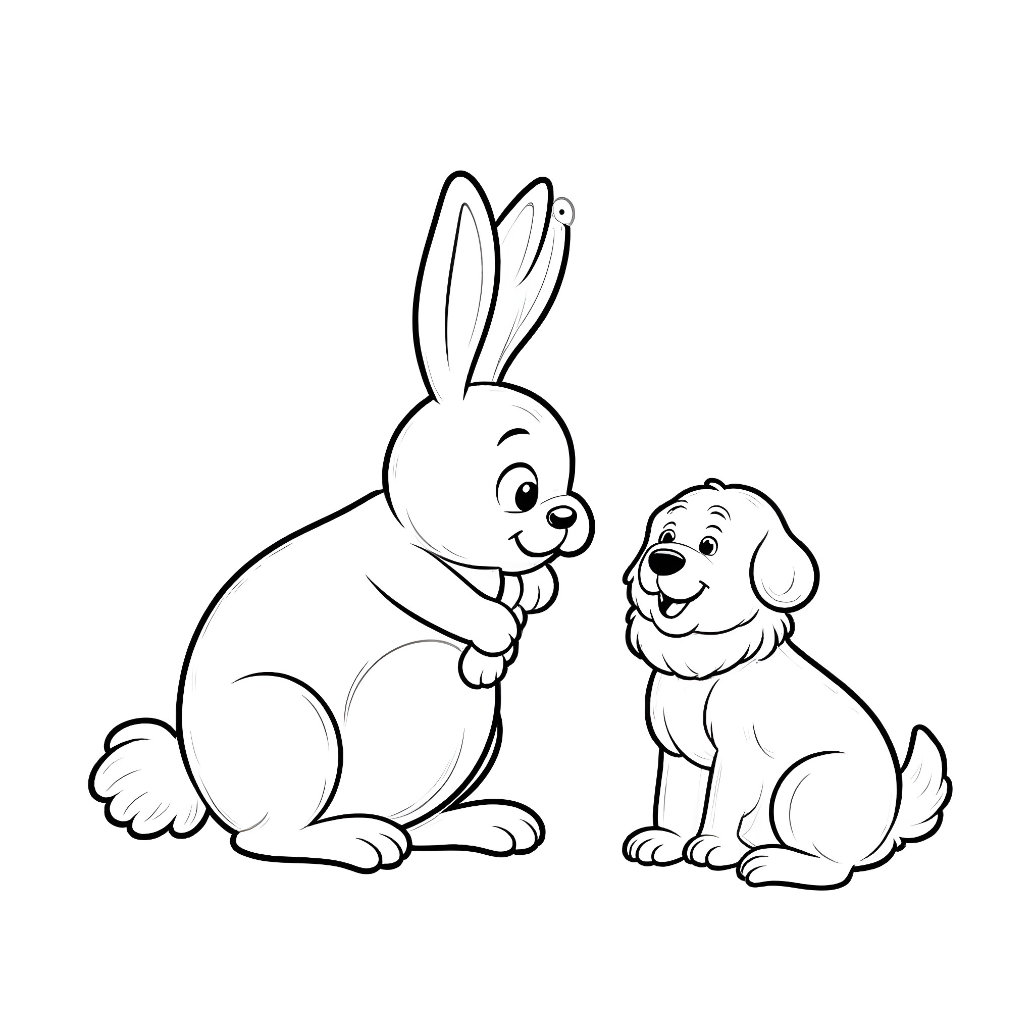 Bunny and puppy playing together Coloring Page (free black-and-white line drawing printable PDF for all, from beginners to advanced learners, including children, teens, adults, and seniors)