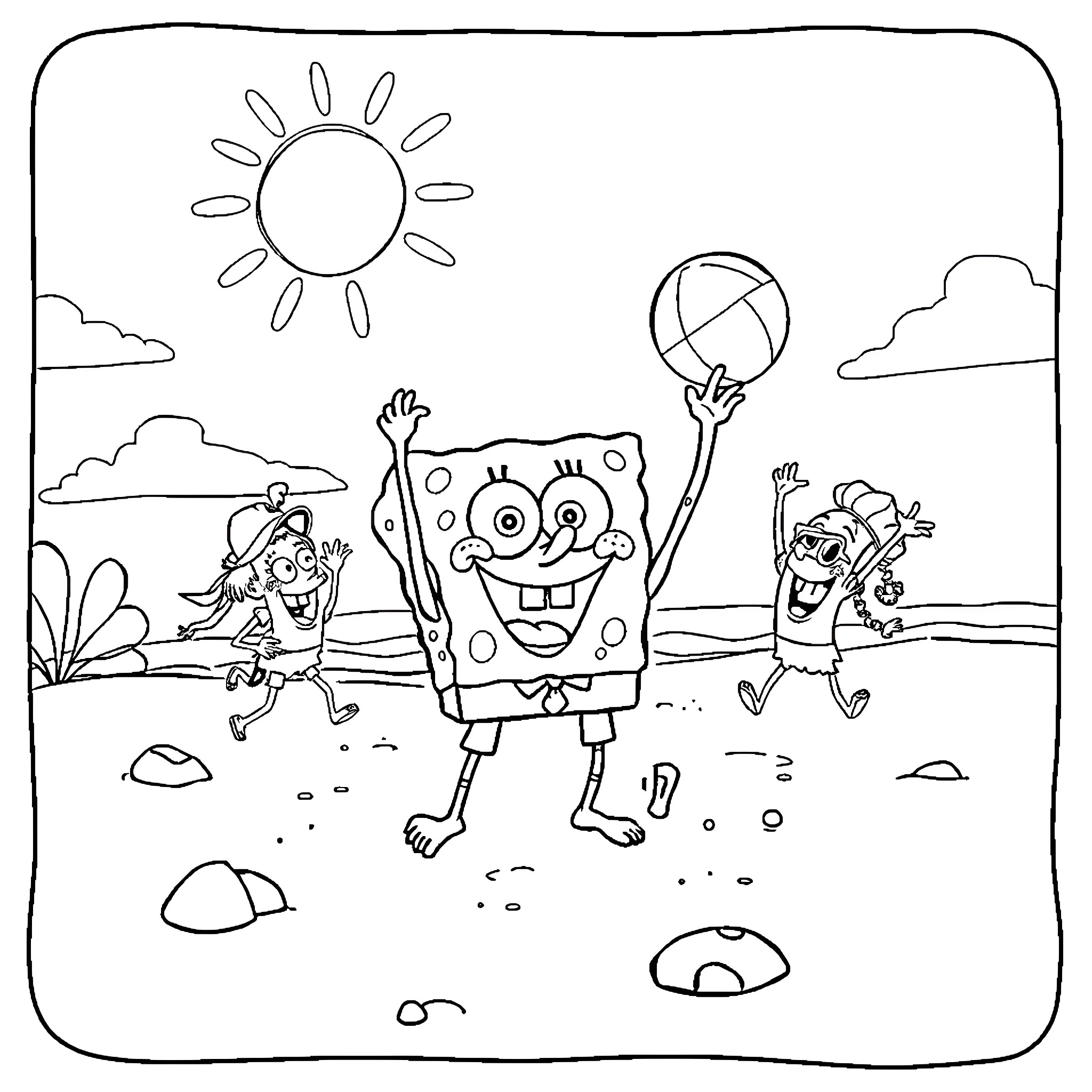 Spongebob and friends playing outdoors on a sunny day Coloring Page (free black-and-white line drawing printable PDF for all, from beginners to advanced learners, including children, teens, adults, and seniors)