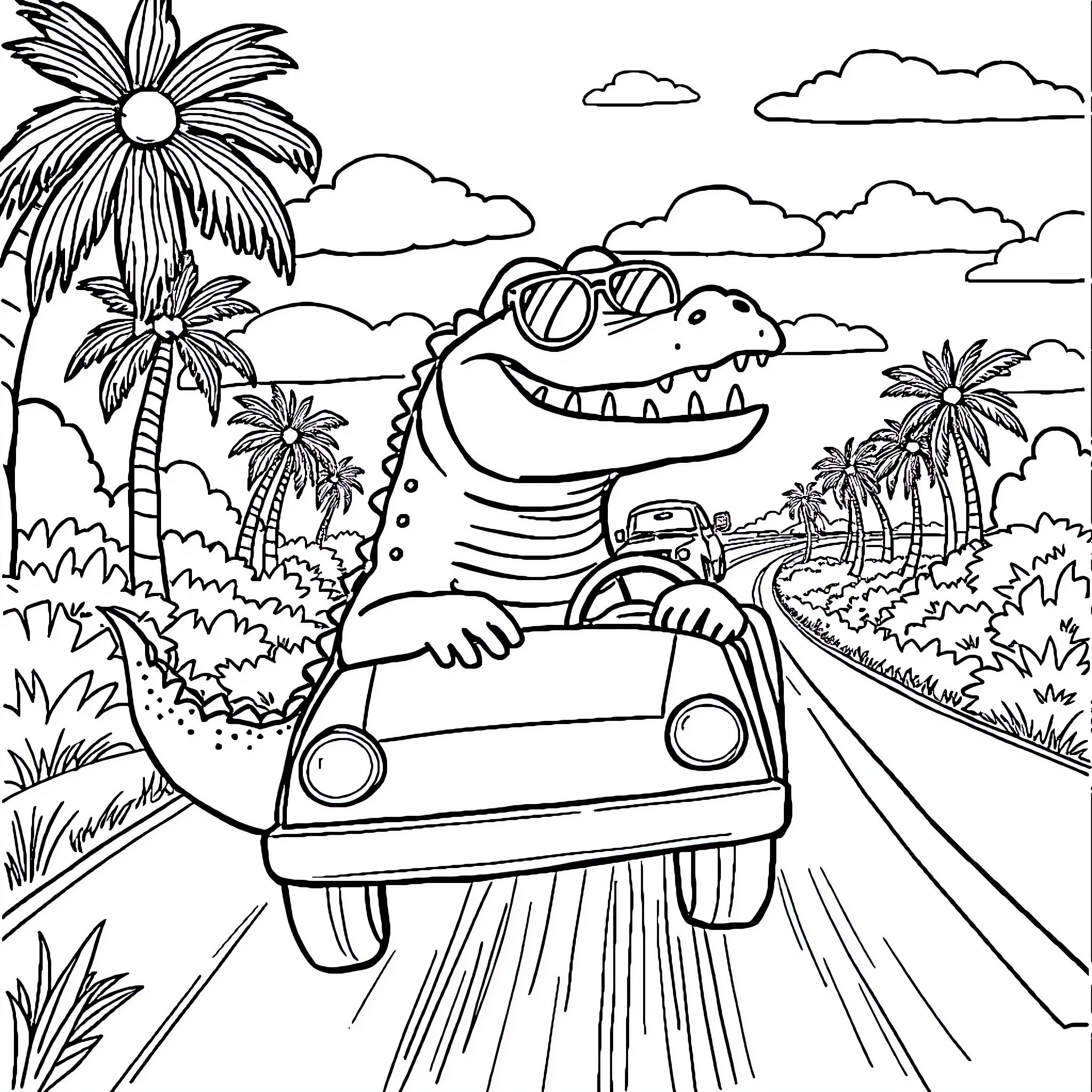 Gator on a road trip through tropical scenery Coloring Page (free black-and-white line drawing printable PDF for all, from beginners to advanced learners, including children, teens, adults, and seniors)