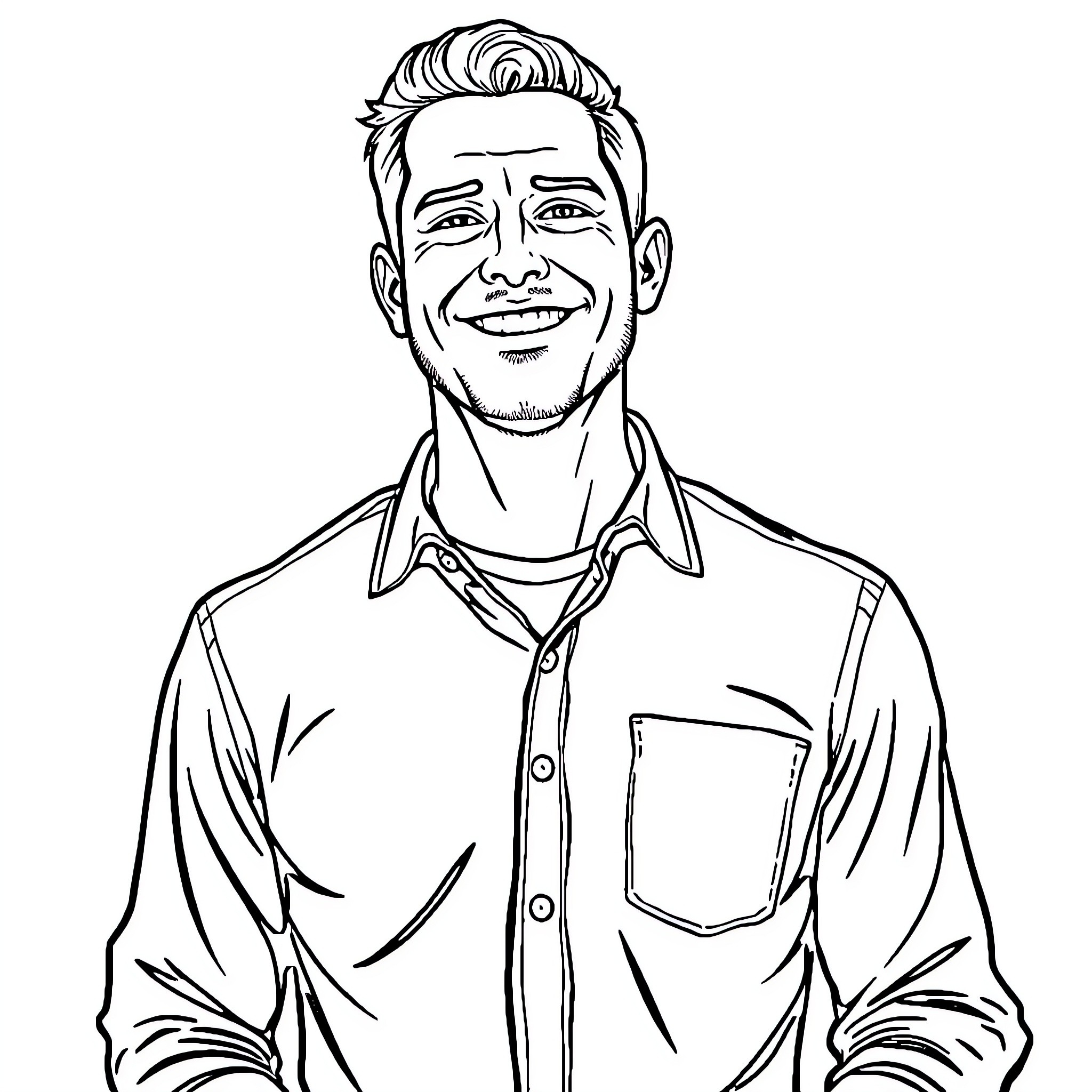 Man in casual attire with friendly expression Coloring Page (free black-and-white line drawing printable PDF for all, from beginners to advanced learners, including children, teens, adults, and seniors)