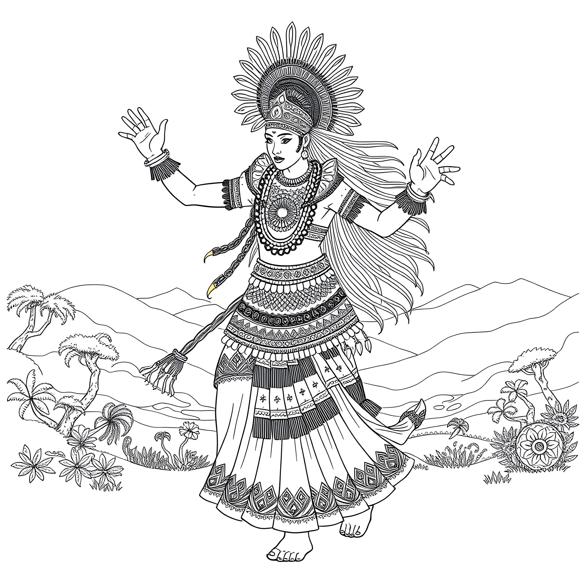 Swati Warrior Performing Graceful Dance in Nature Coloring Page (free black-and-white line drawing printable PDF for all, from beginners to advanced learners, including children, teens, adults, and seniors)