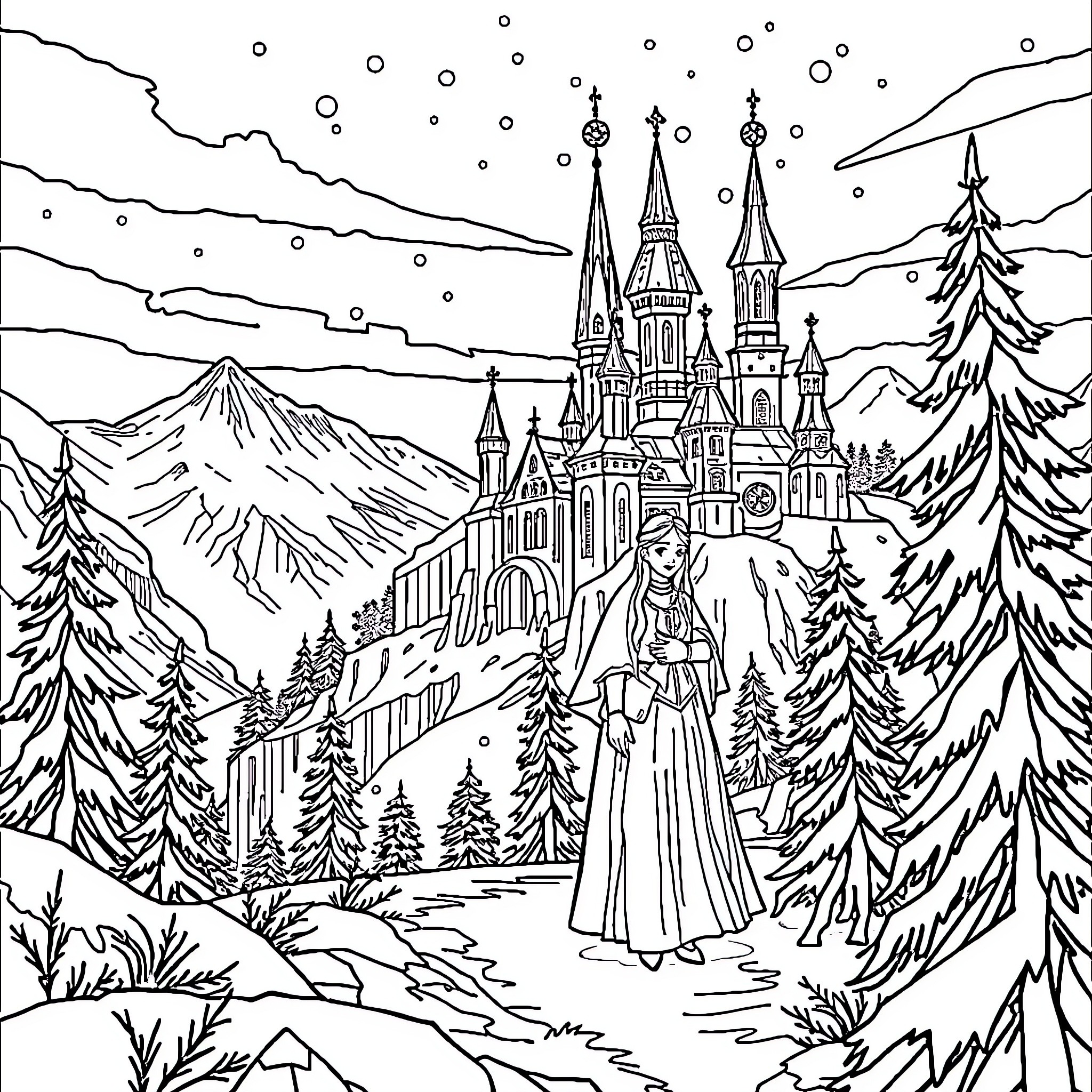 Snow Queen in a Majestic Winter Landscape Coloring Page (free black-and-white line drawing printable PDF for all, from beginners to advanced learners, including children, teens, adults, and seniors)