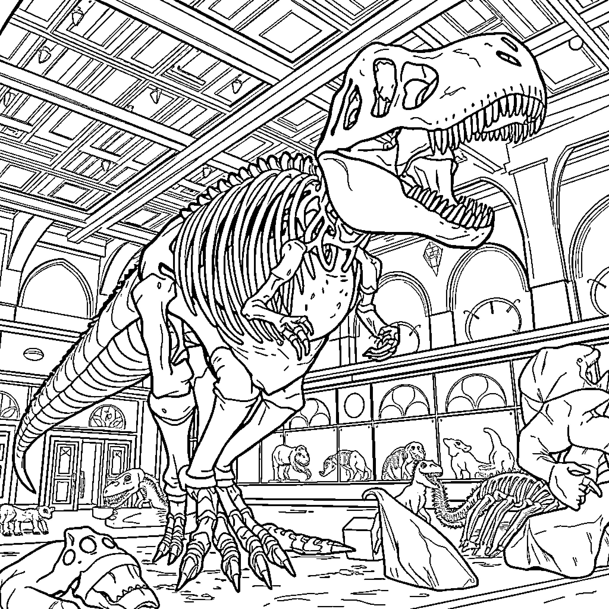 T-Rex skeleton on display at the natural history museum Coloring Page (free black-and-white line drawing printable PDF for all, from beginners to advanced learners, including children, teens, adults, and seniors)