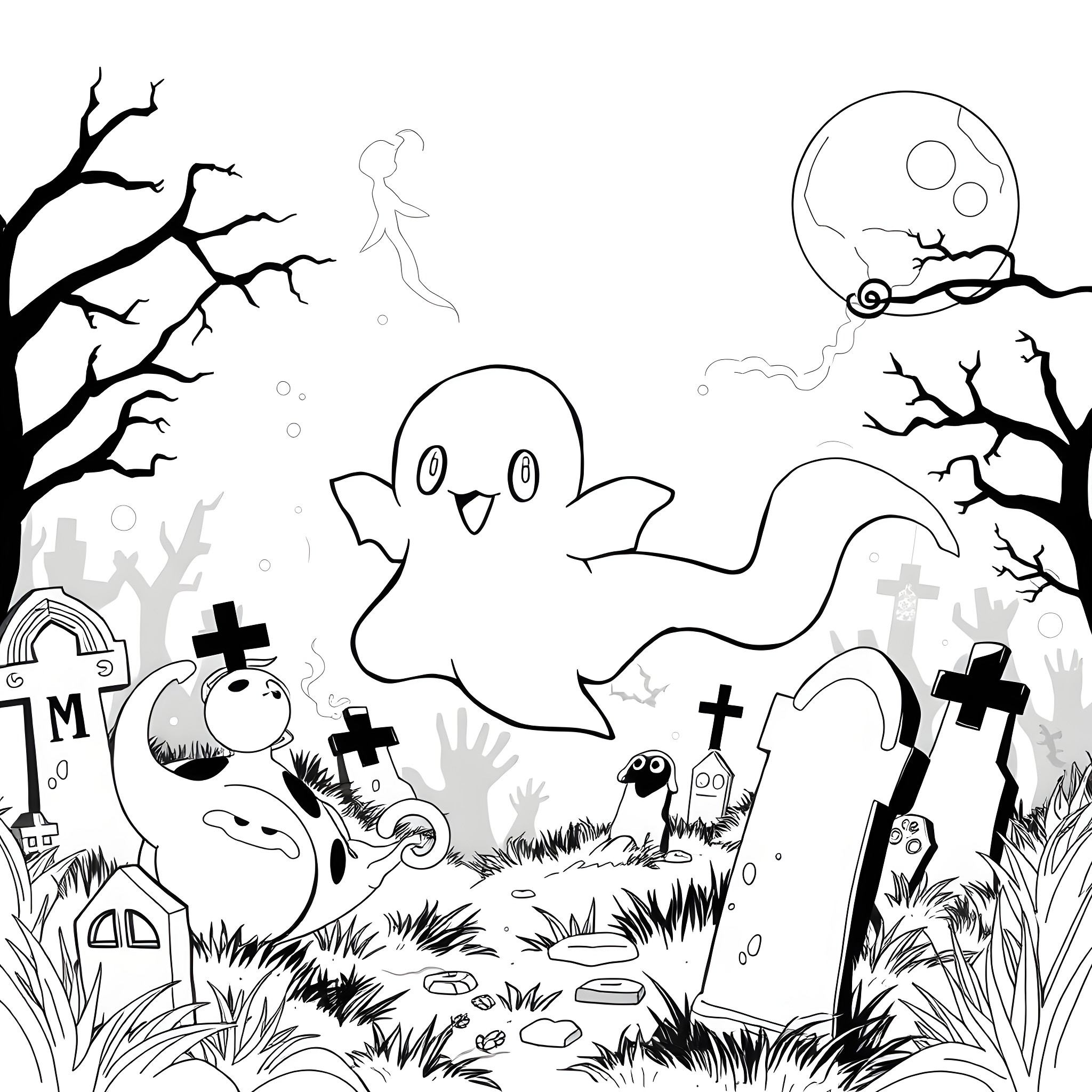 Ghost Pokemon haunting a spooky graveyard at night Coloring Page (free black-and-white line drawing printable PDF for all, from beginners to advanced learners, including children, teens, adults, and seniors)