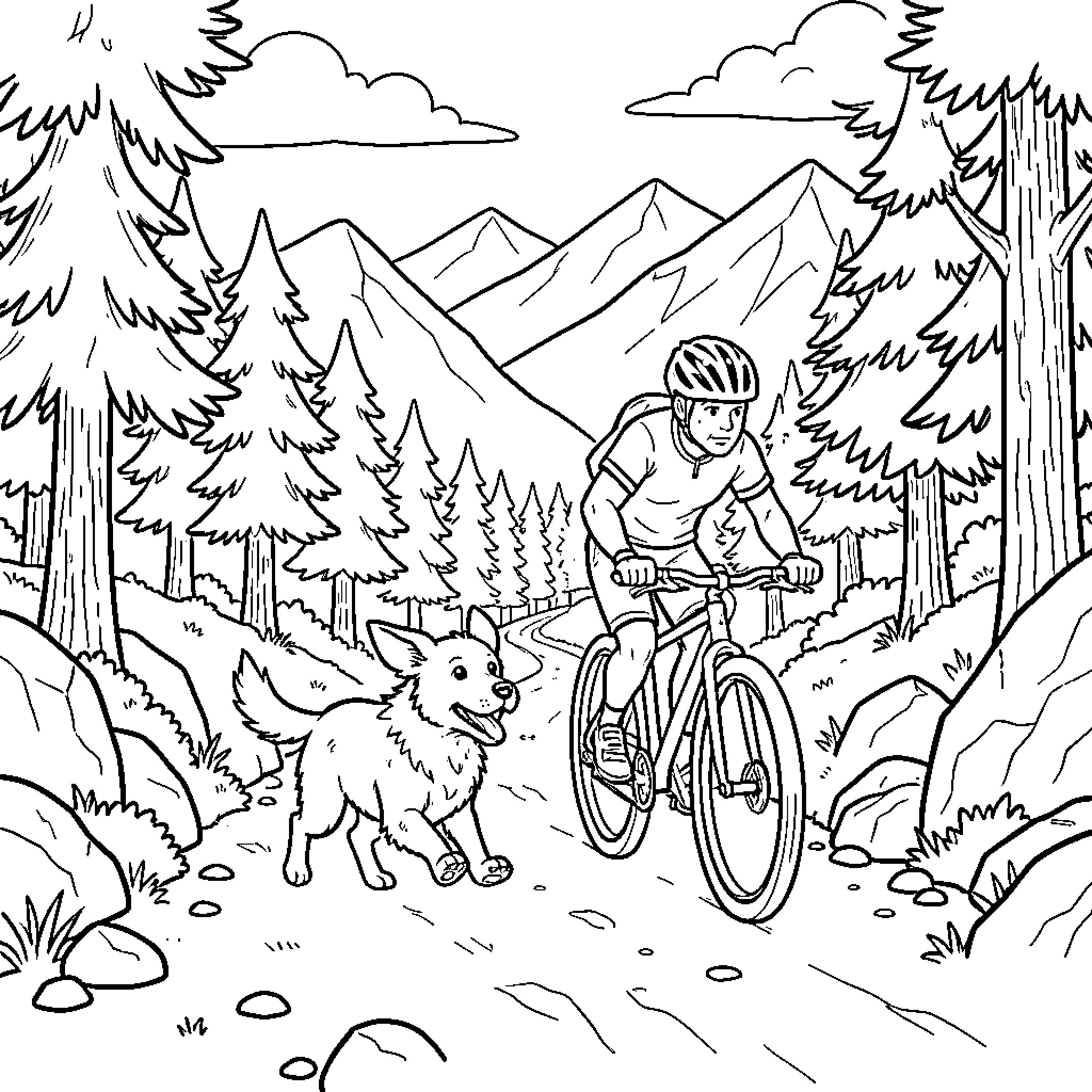 Dog accompanies cyclist on mountain trail Coloring Page (free black-and-white line drawing printable PDF for all, from beginners to advanced learners, including children, teens, adults, and seniors)