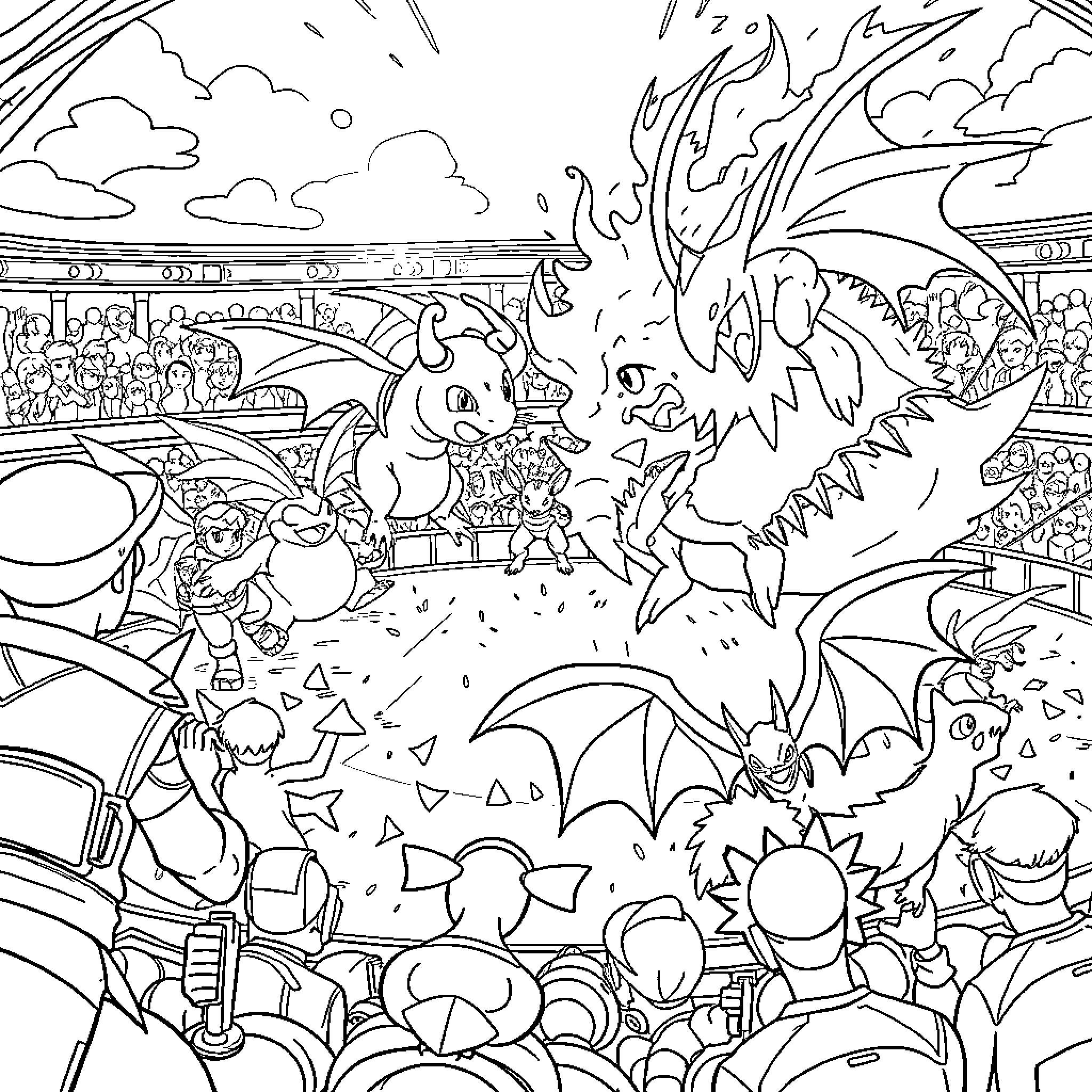 Pokémon Battles and Celebrations in a Packed Arena Coloring Page (free black-and-white line drawing printable PDF for all, from beginners to advanced learners, including children, teens, adults, and seniors)