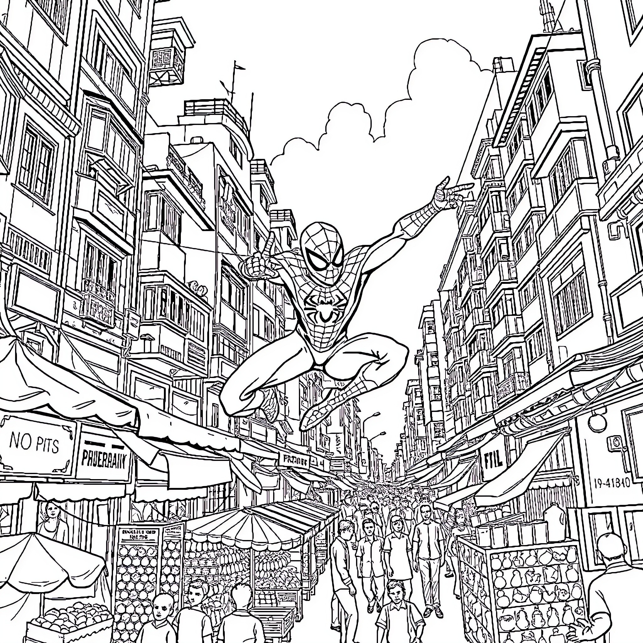 Spiderman swinging through the bustling city streets Coloring Page (free black-and-white line drawing printable PDF for all, from beginners to advanced learners, including children, teens, adults, and seniors)