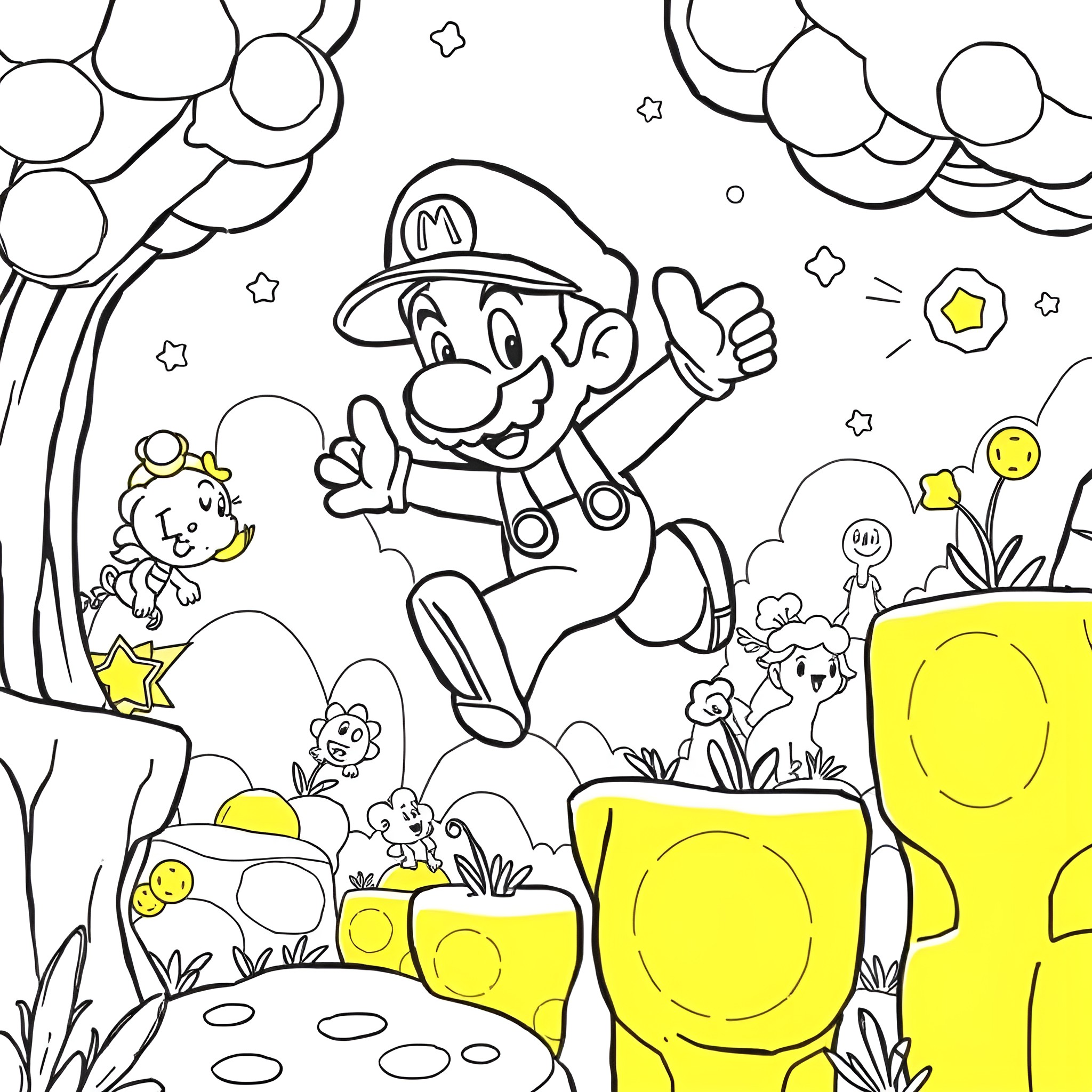 Nick's Wondrous Adventure in a Magical Landscape Coloring Page (free black-and-white line drawing printable PDF for all, from beginners to advanced learners, including children, teens, adults, and seniors)