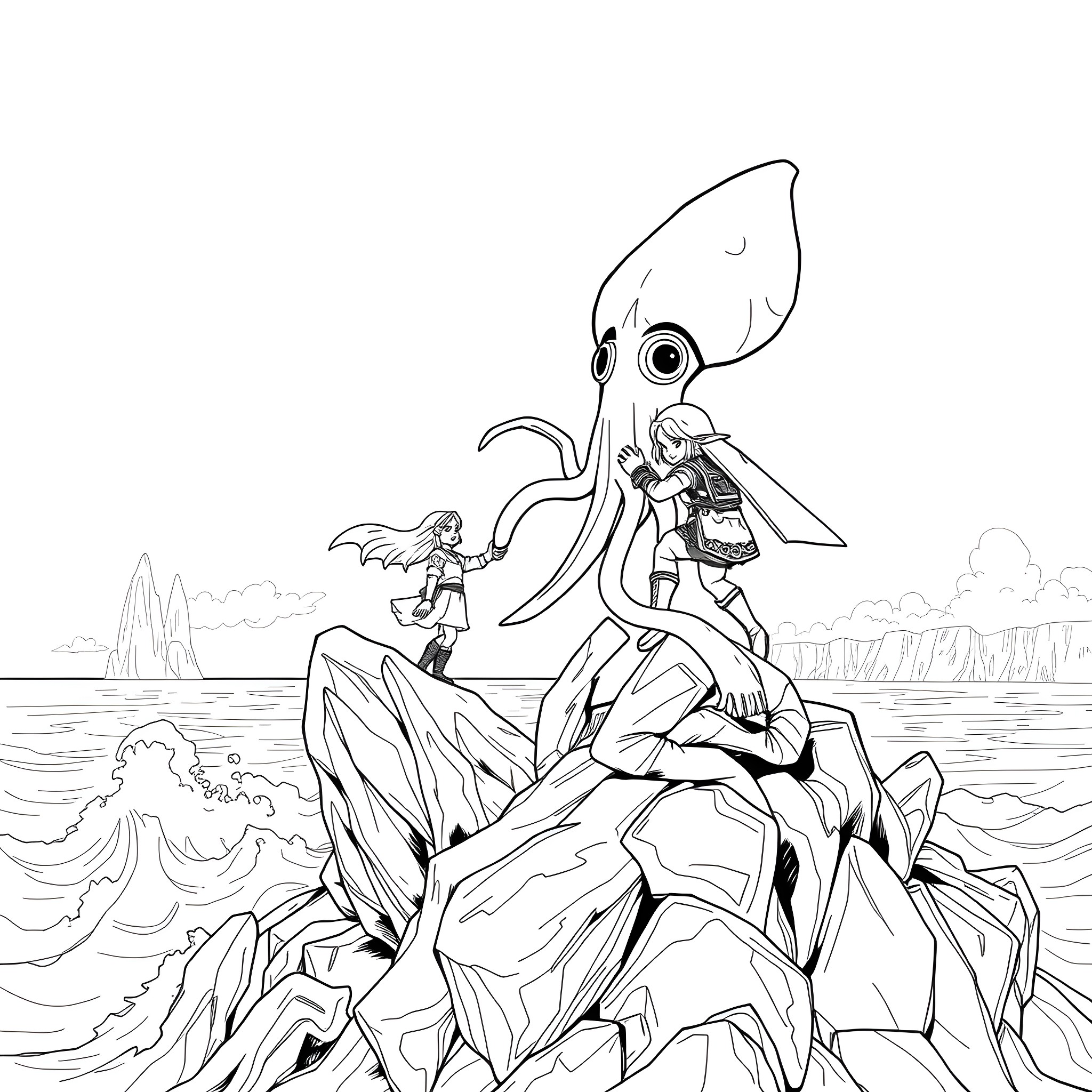 Zelda exploring underwater ruins with a large sea creature Coloring Page (free black-and-white line drawing printable PDF for all, from beginners to advanced learners, including children, teens, adults, and seniors)
