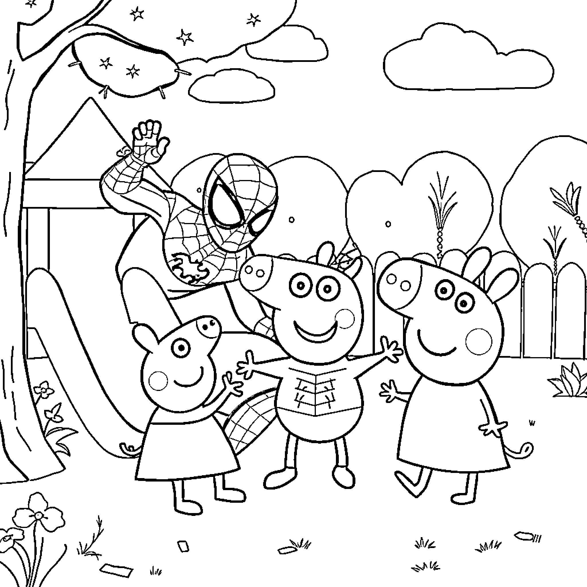 Spiderman joins Peppa Pig and friends for outdoor fun Coloring Page (free black-and-white line drawing printable PDF for all, from beginners to advanced learners, including children, teens, adults, and seniors)