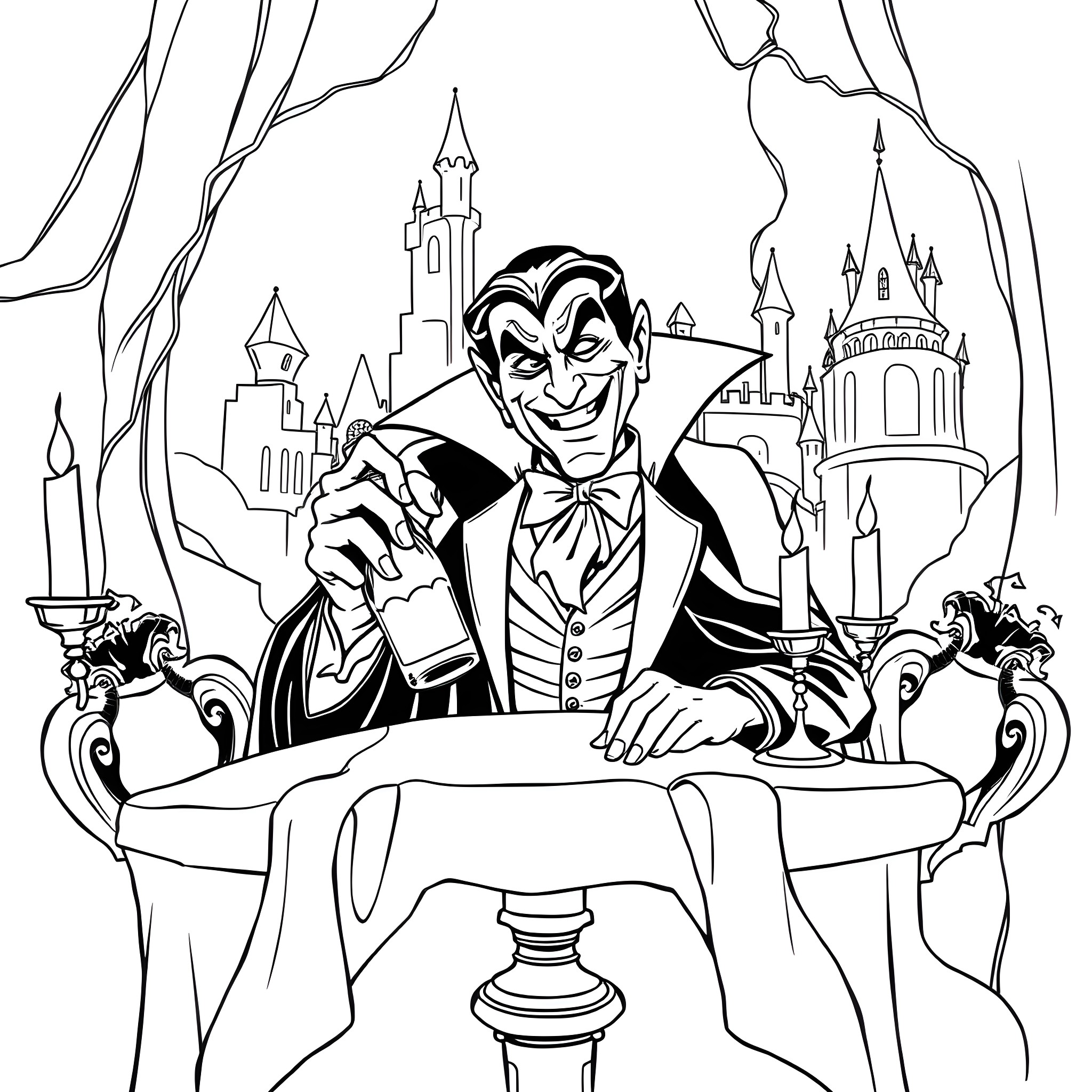 Dracula in his ominous castle Coloring Page (free black-and-white line drawing printable PDF for all, from beginners to advanced learners, including children, teens, adults, and seniors)