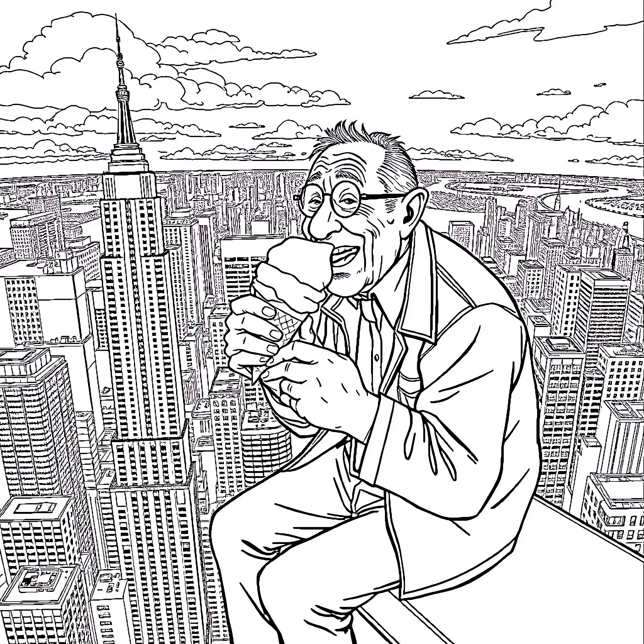 Man Enjoying the City View from the Top Coloring Page (free black-and-white line drawing printable PDF for all, from beginners to advanced learners, including children, teens, adults, and seniors)