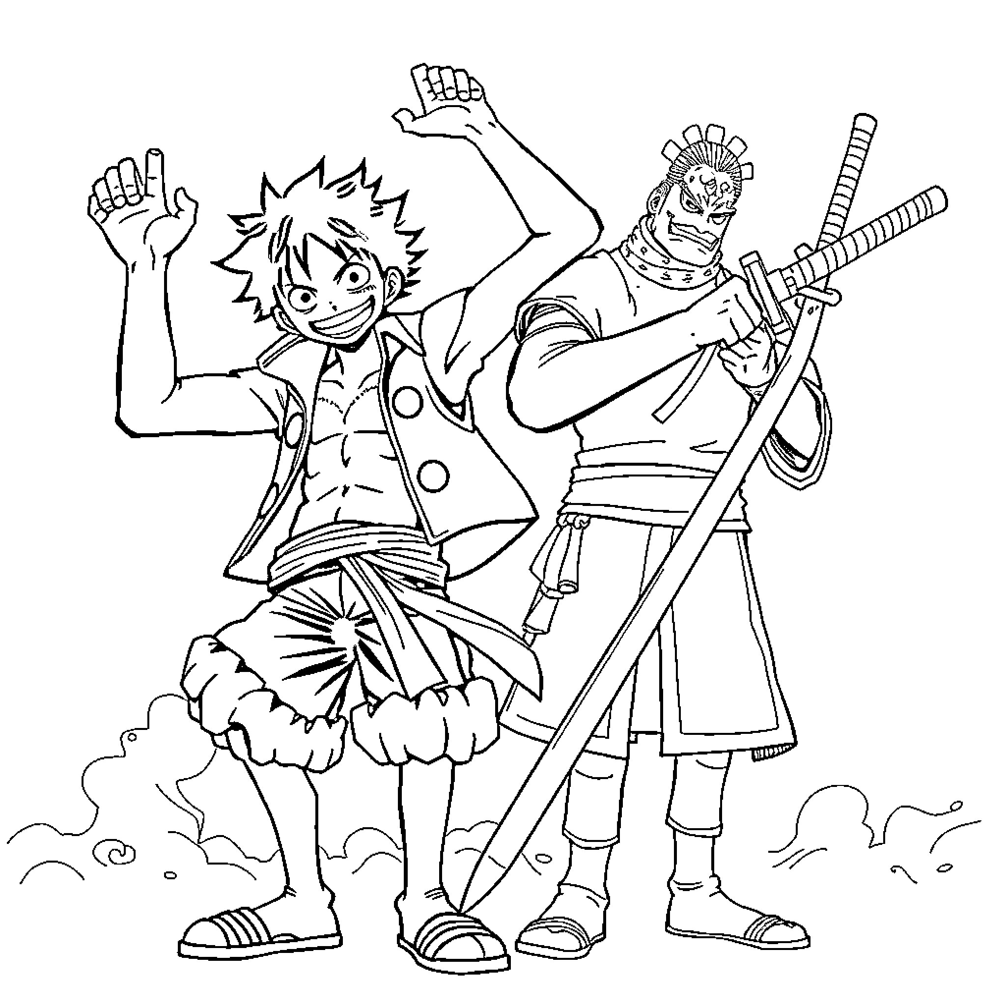 Luffy and Zoro's Spirited Adventure Coloring Page (free black-and-white line drawing printable PDF for all, from beginners to advanced learners, including children, teens, adults, and seniors)