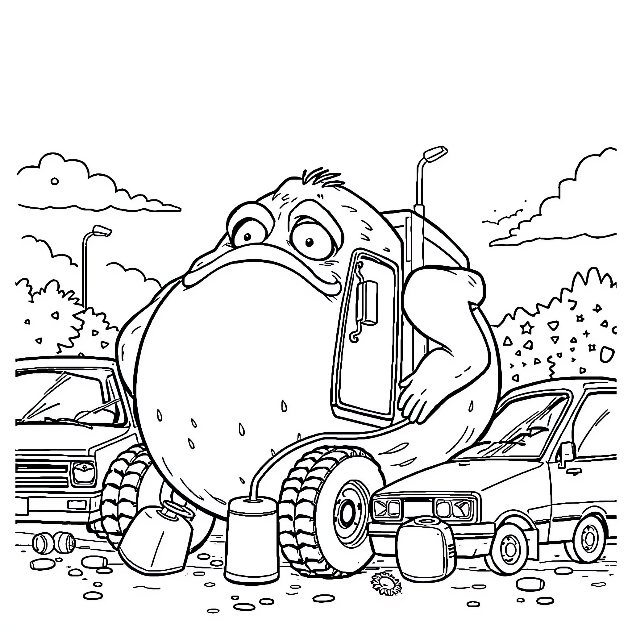 Tow Truck Helping a Stranded Vehicle on the Road Coloring Page (free black-and-white line drawing printable PDF for all, from beginners to advanced learners, including children, teens, adults, and seniors)