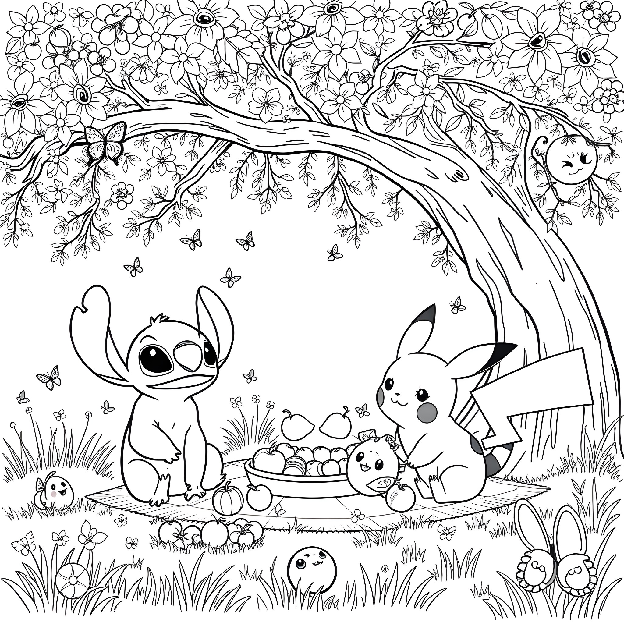 Pikachu and Friends Enjoying a Floral Adventure Coloring Page (free black-and-white line drawing printable PDF for all, from beginners to advanced learners, including children, teens, adults, and seniors)