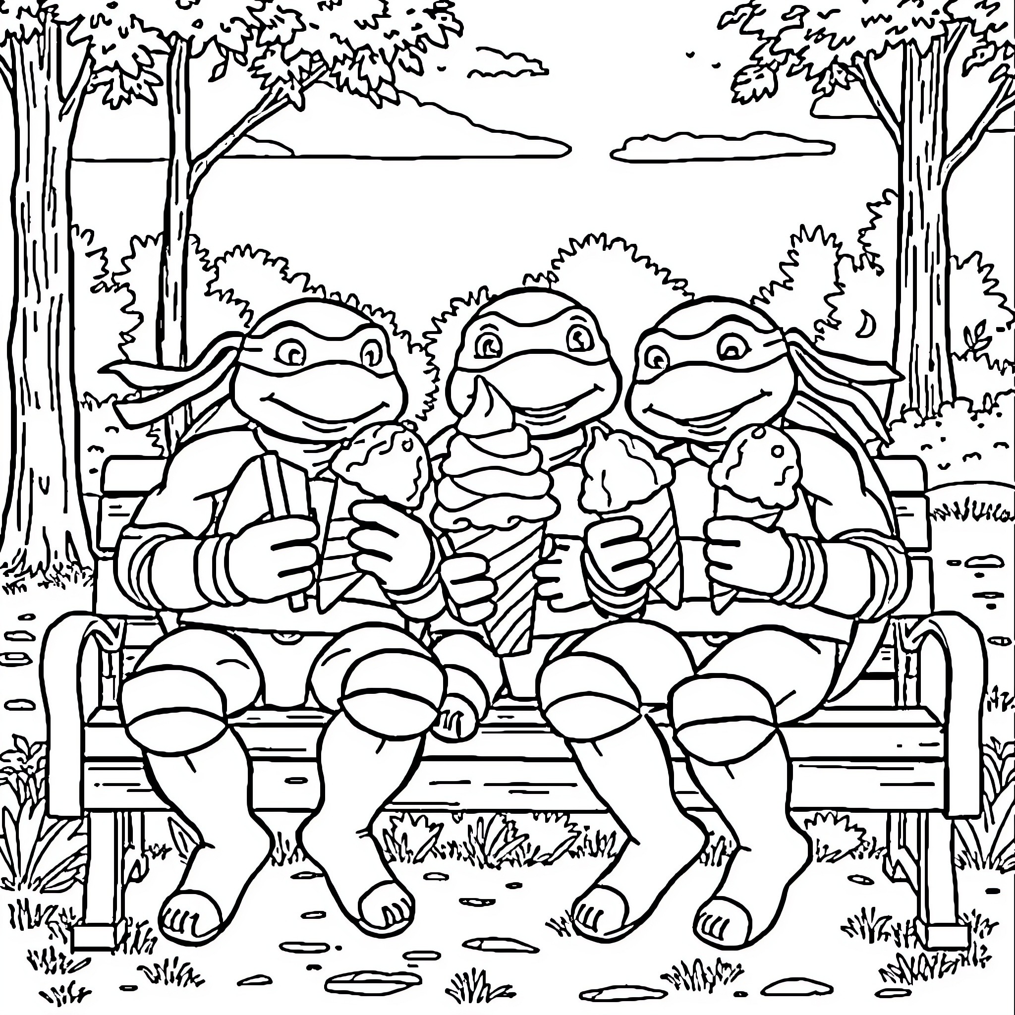 Ninja Turtle friends relaxing on a bench in the park Coloring Page (free black-and-white line drawing printable PDF for all, from beginners to advanced learners, including children, teens, adults, and seniors)