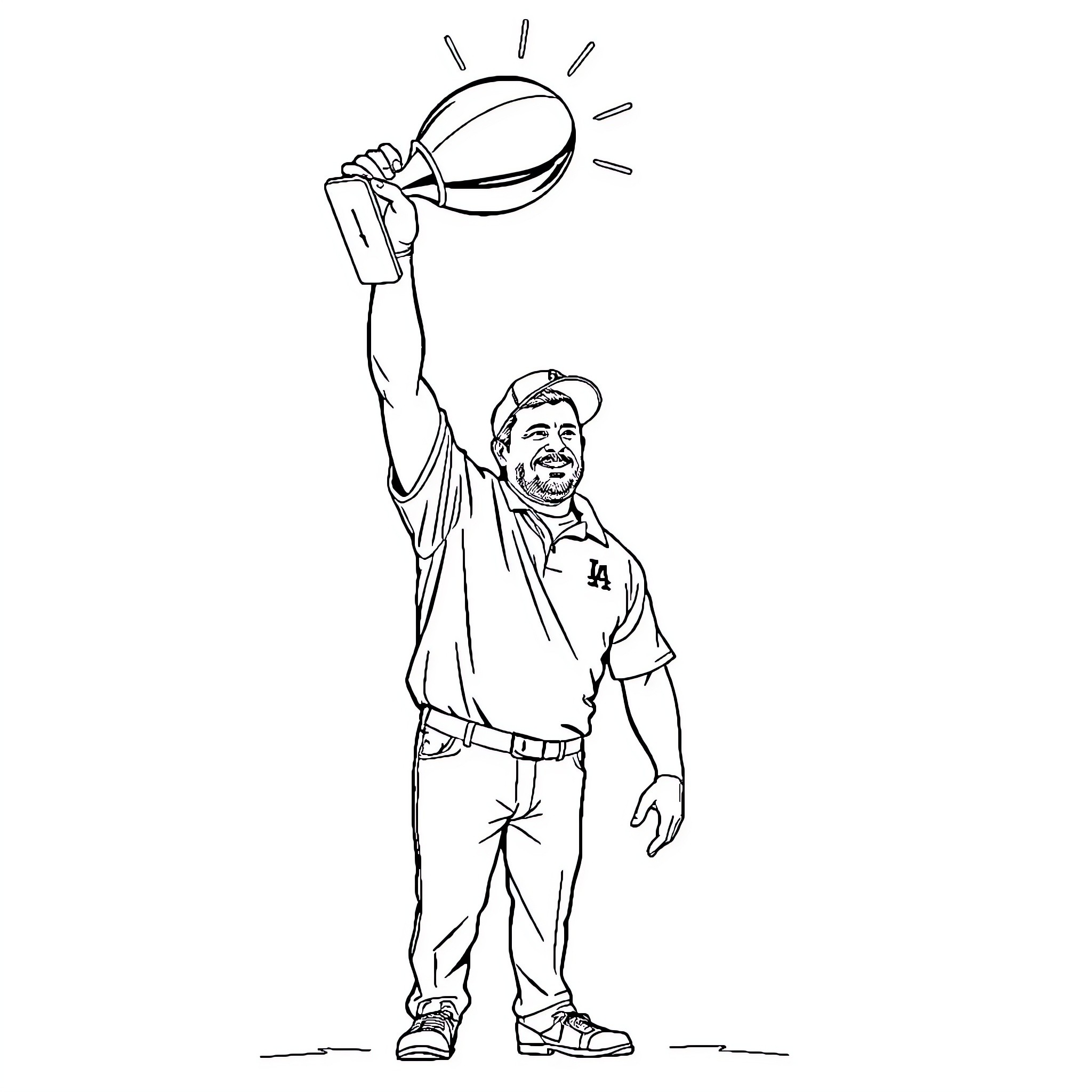 Nick Saban celebrating victory with trophy raised Coloring Page (free black-and-white line drawing printable PDF for all, from beginners to advanced learners, including children, teens, adults, and seniors)
