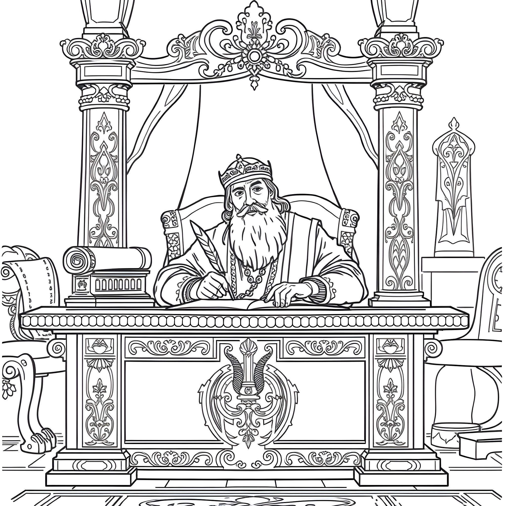 King Solomon enthroned in ornate royal setting Coloring Page (free black-and-white line drawing printable PDF for all, from beginners to advanced learners, including children, teens, adults, and seniors)