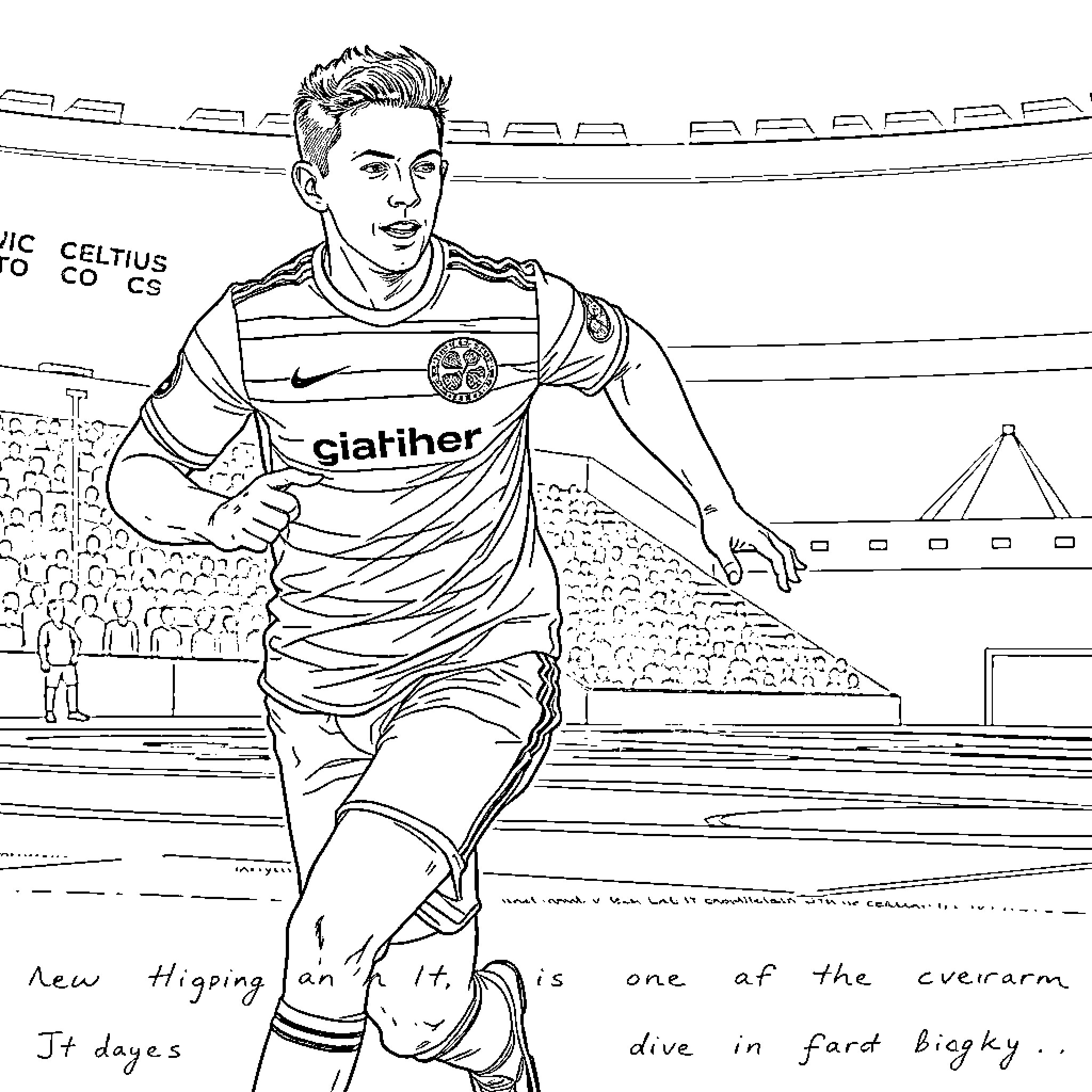 Callum McGregor playing football in a stadium Coloring Page (free black-and-white line drawing printable PDF for all, from beginners to advanced learners, including children, teens, adults, and seniors)