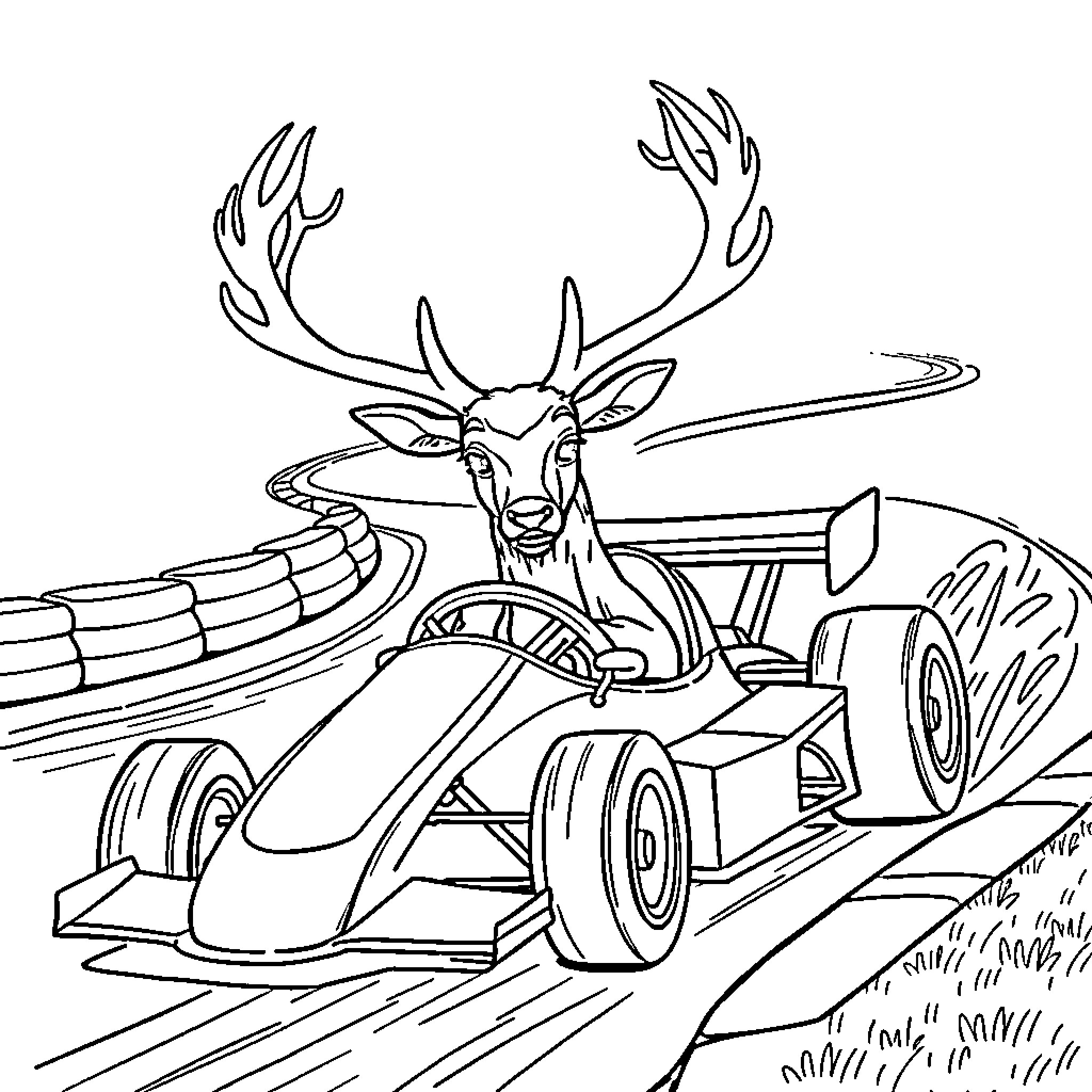 Deer racing in a futuristic vehicle Coloring Page (free black-and-white line drawing printable PDF for all, from beginners to advanced learners, including children, teens, adults, and seniors)