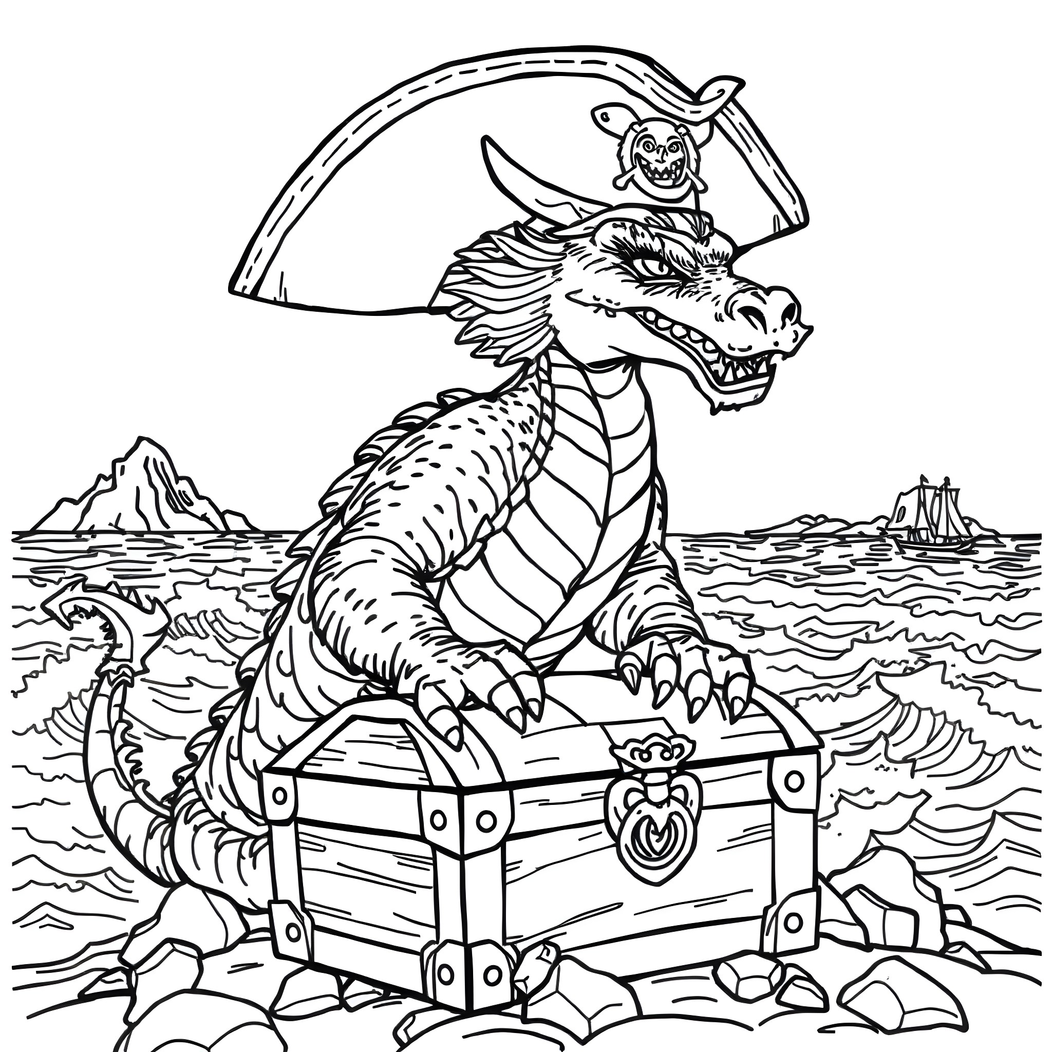Dragon guarding a treasure chest by the sea Coloring Page (free black-and-white line drawing printable PDF for all, from beginners to advanced learners, including children, teens, adults, and seniors)