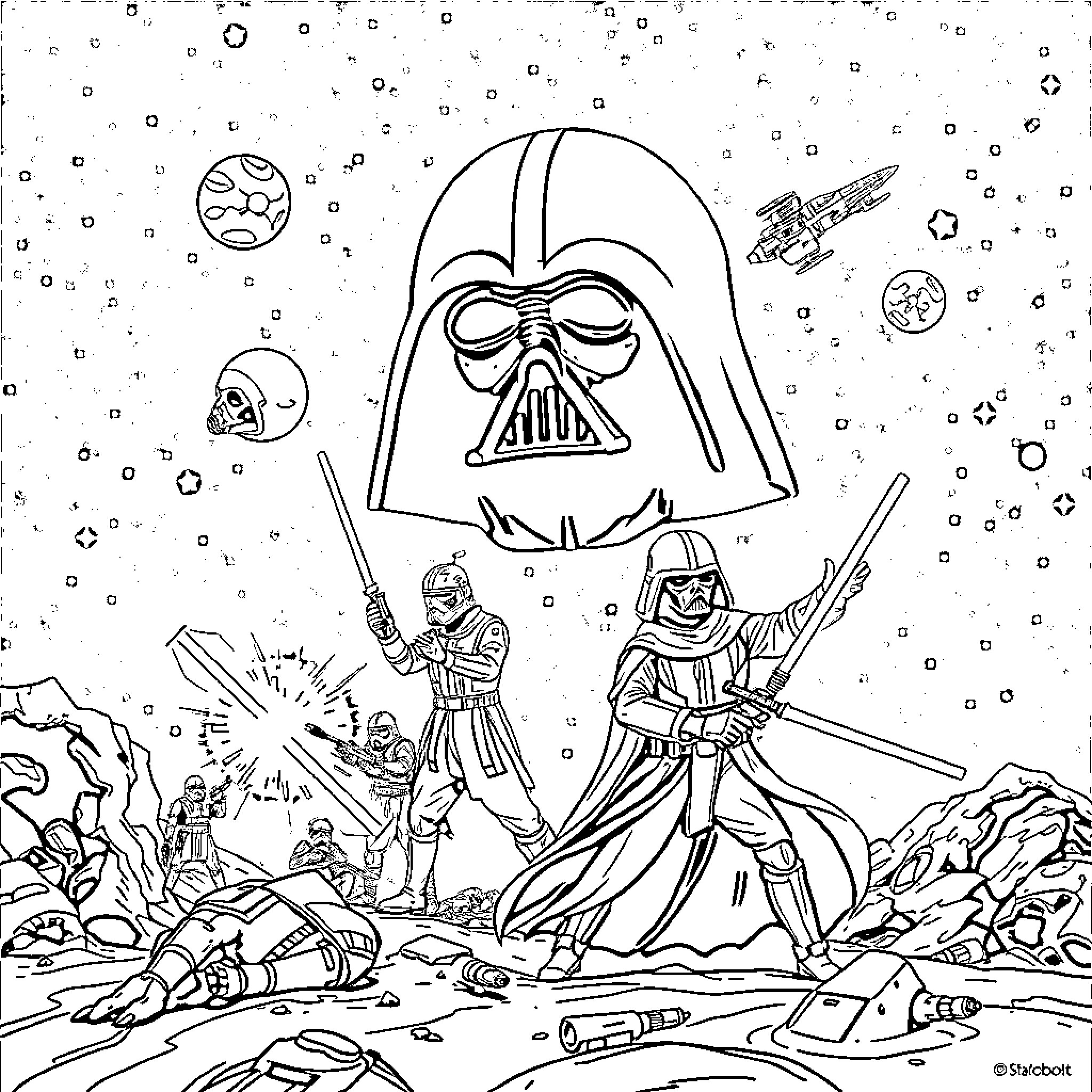 Star Wars characters in epic battle scene Coloring Page (free black-and-white line drawing printable PDF for all, from beginners to advanced learners, including children, teens, adults, and seniors)