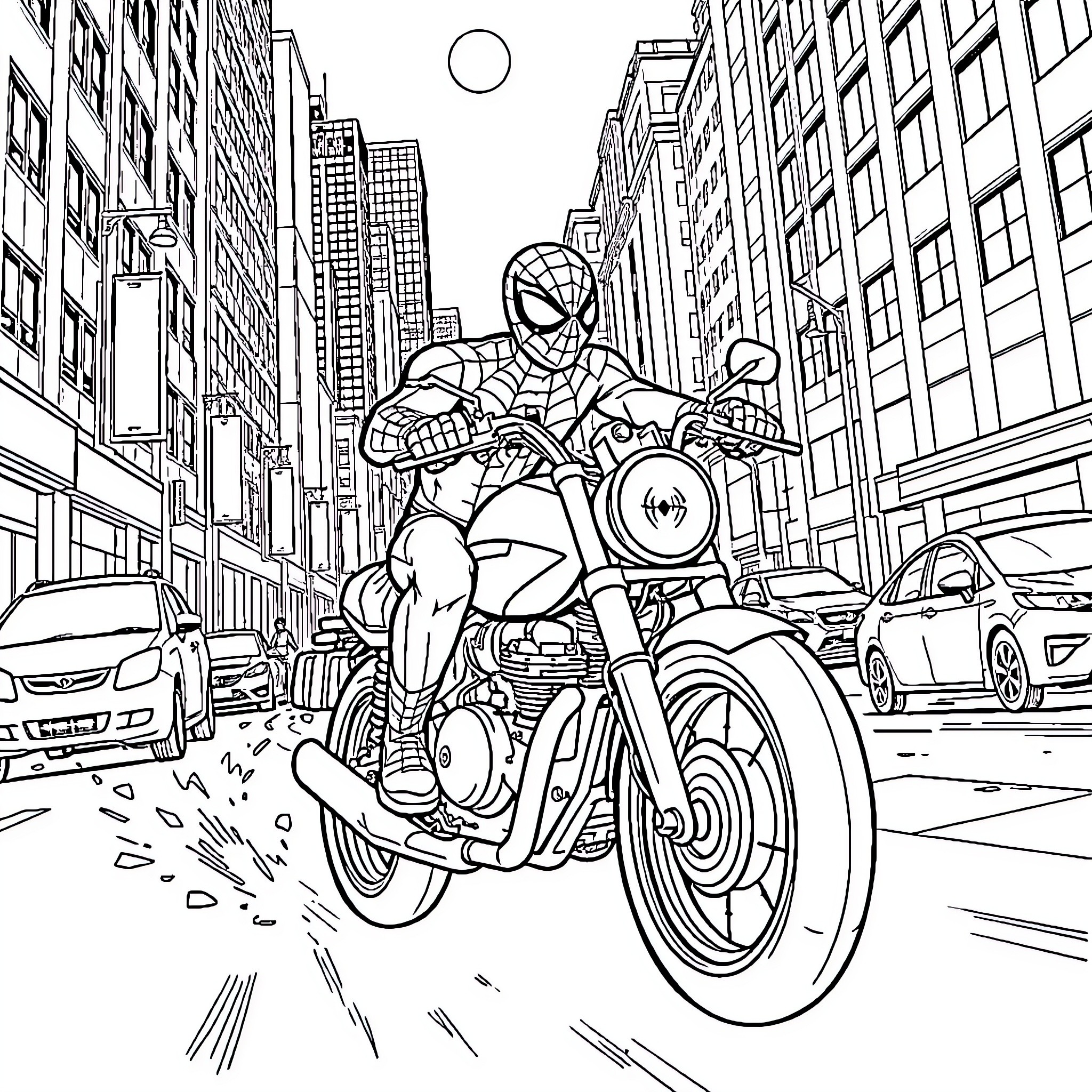 Spider-Man riding motorcycle through bustling city streets Coloring Page (free black-and-white line drawing printable PDF for all, from beginners to advanced learners, including children, teens, adults, and seniors)