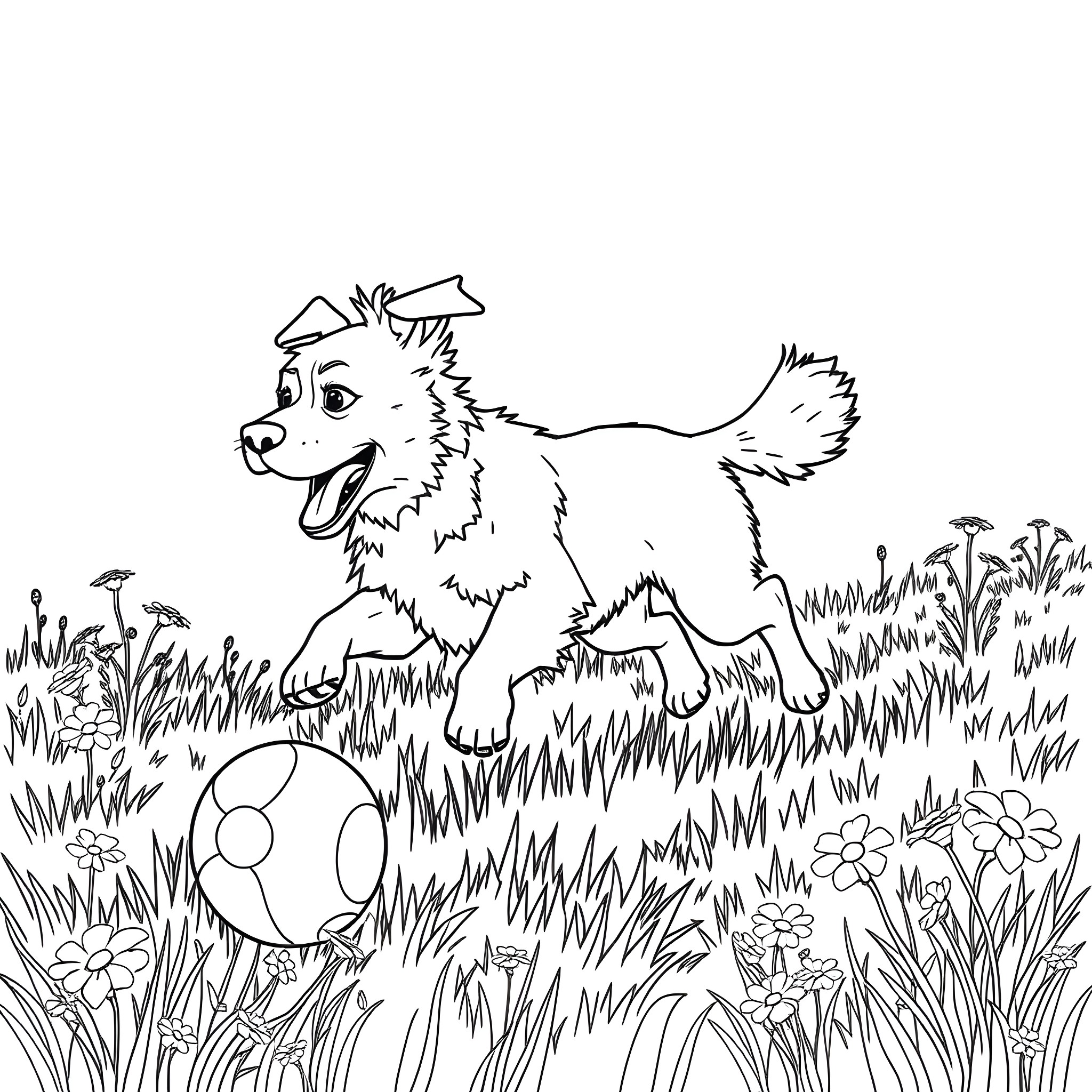 Dog chasing a ball in the grassy meadow Coloring Page (free black-and-white line drawing printable PDF for all, from beginners to advanced learners, including children, teens, adults, and seniors)