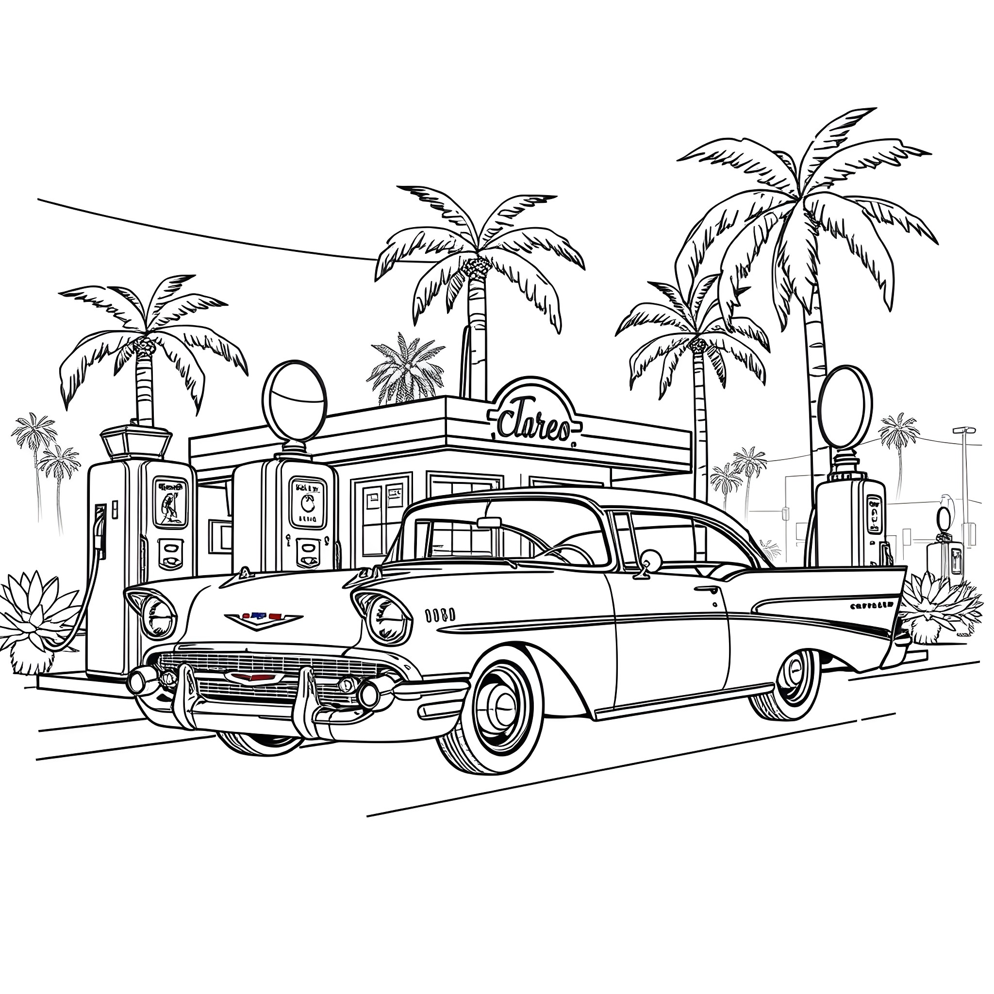 Chevrolet classic car at tropical palm tree gas station Coloring Page (free black-and-white line drawing printable PDF for all, from beginners to advanced learners, including children, teens, adults, and seniors)