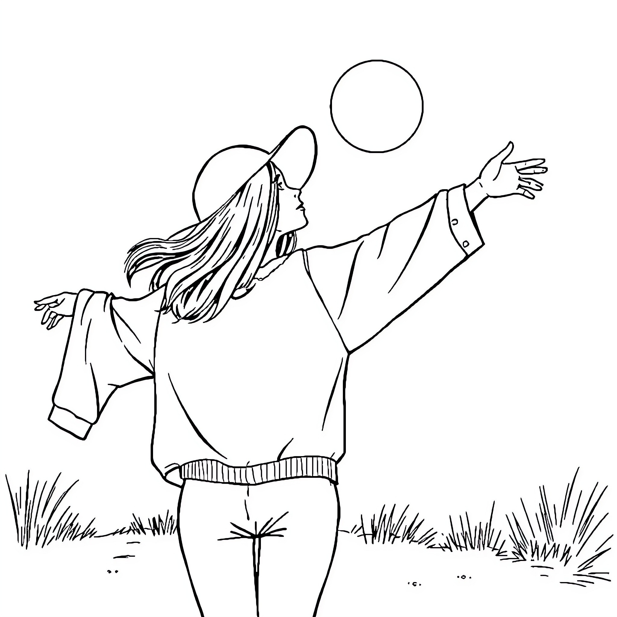 Girl playing with bubbles in nature Coloring Page (free black-and-white line drawing printable PDF for all, from beginners to advanced learners, including children, teens, adults, and seniors)