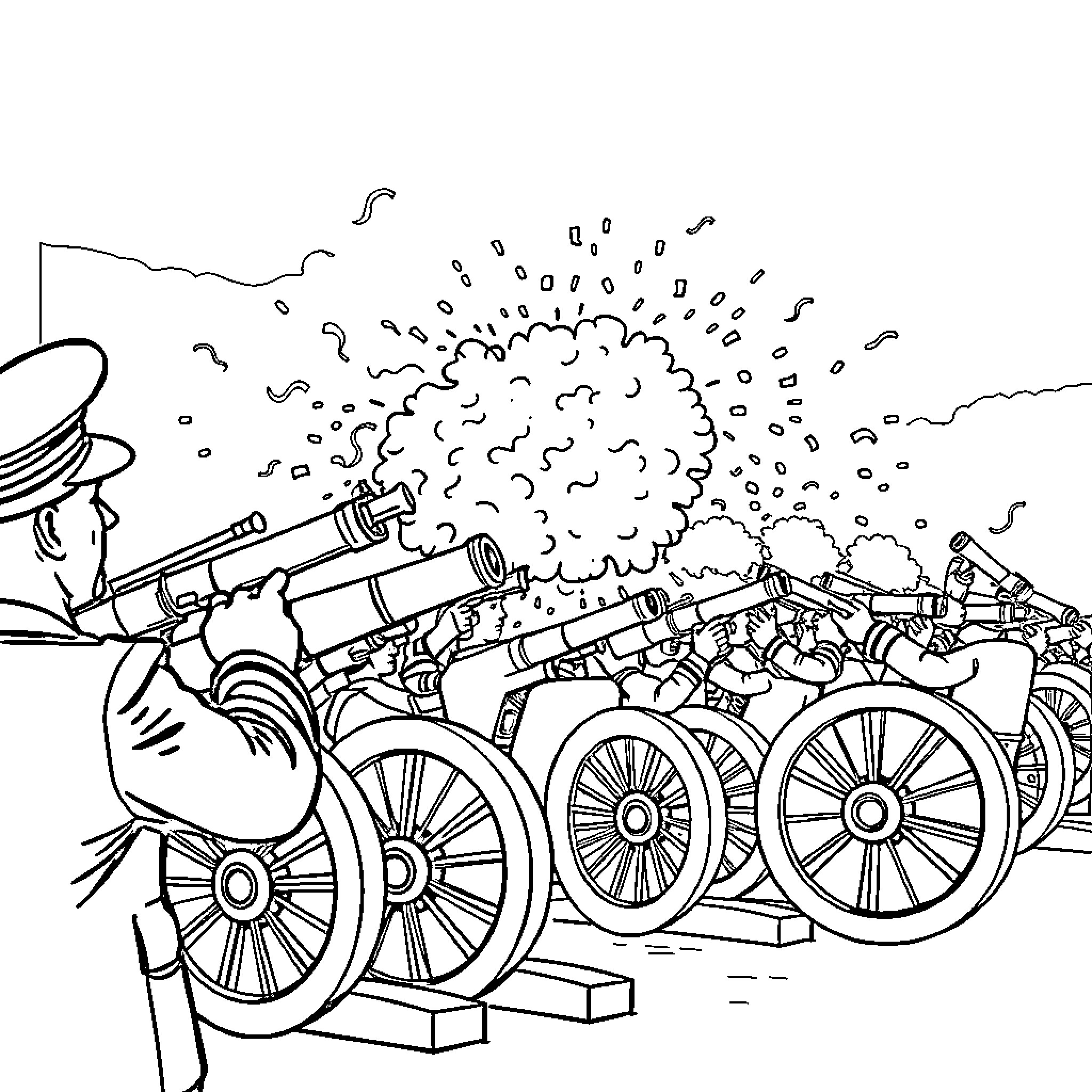 Salute to the Artillery Battalion in Action Coloring Page (free black-and-white line drawing printable PDF for all, from beginners to advanced learners, including children, teens, adults, and seniors)
