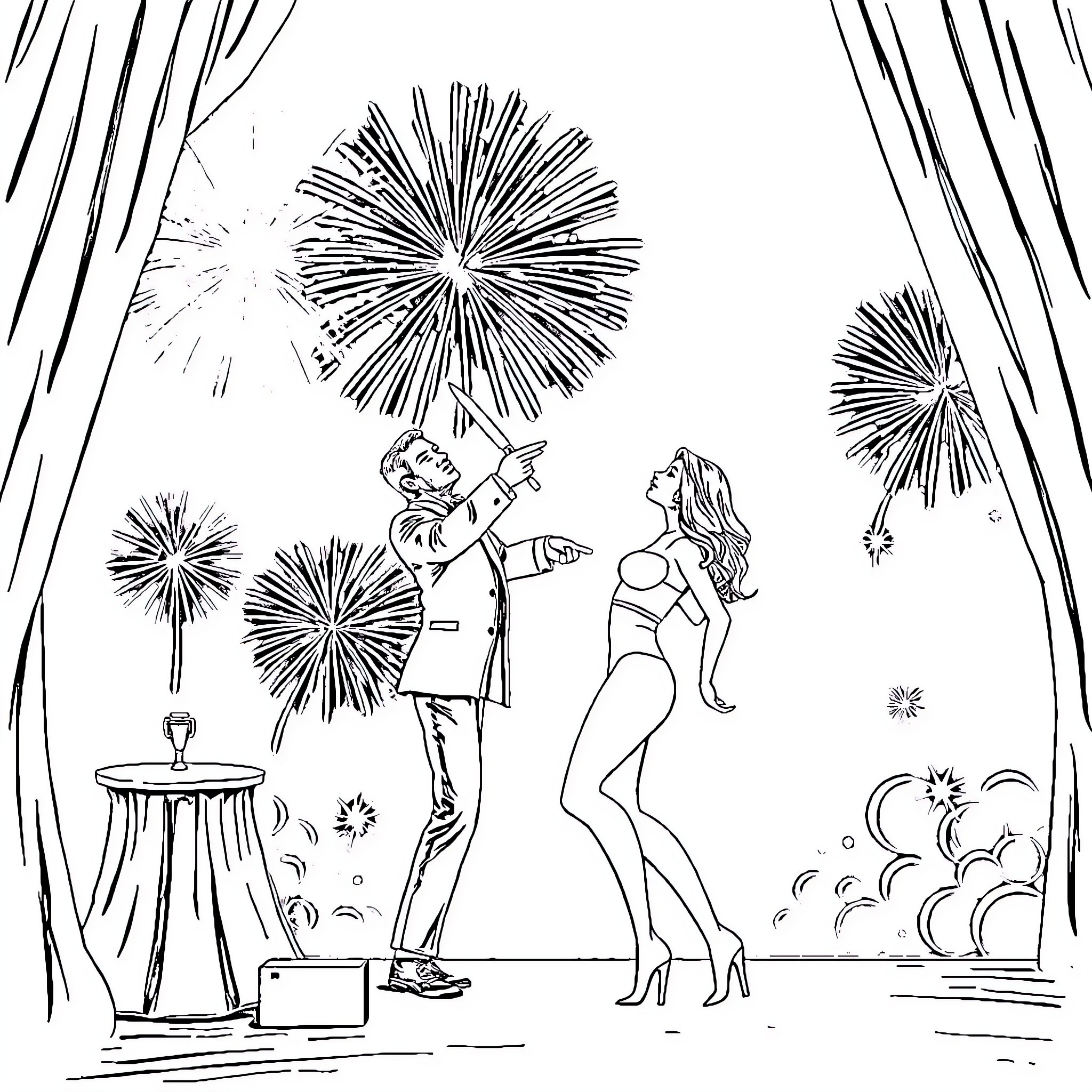 Magician performing tricks for an elegant lady under fireworks Coloring Page (free black-and-white line drawing printable PDF for all, from beginners to advanced learners, including children, teens, adults, and seniors)