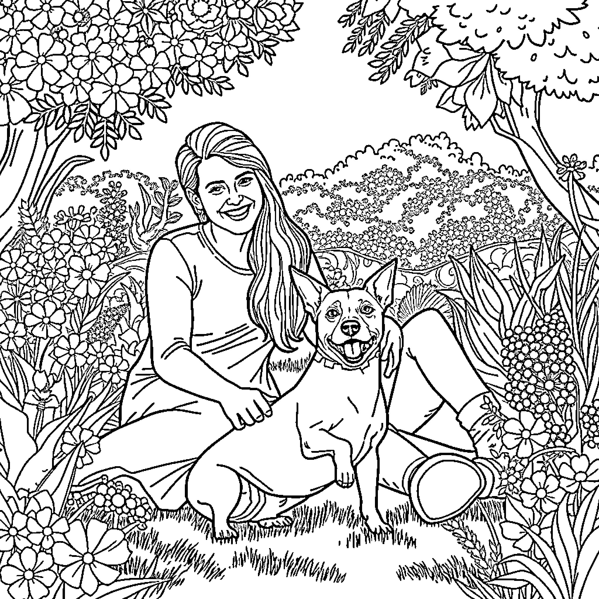 Couple enjoying nature with their pet Coloring Page (free black-and-white line drawing printable PDF for all, from beginners to advanced learners, including children, teens, adults, and seniors)