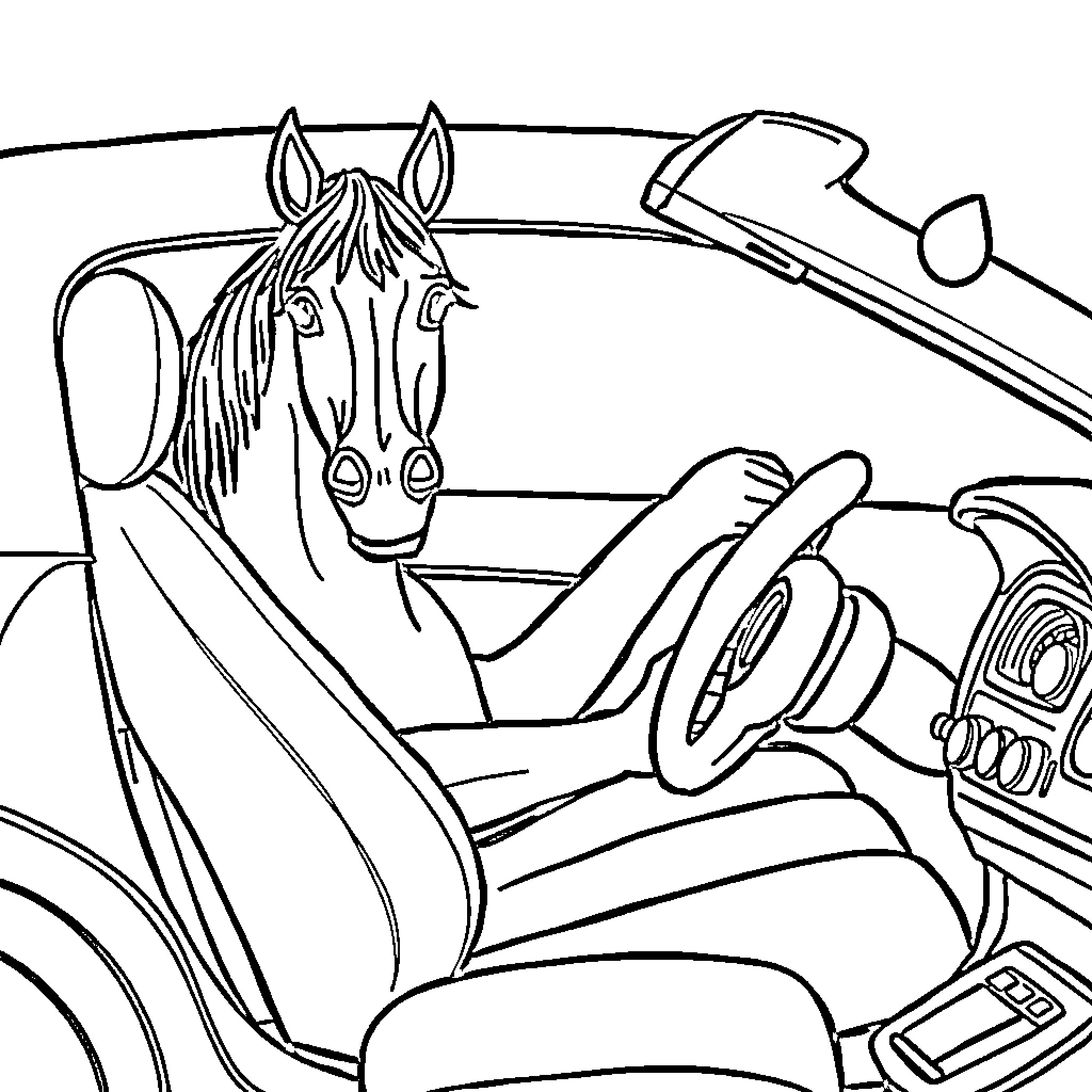 Horse riding in an antique car Coloring Page (free black-and-white line drawing printable PDF for all, from beginners to advanced learners, including children, teens, adults, and seniors)
