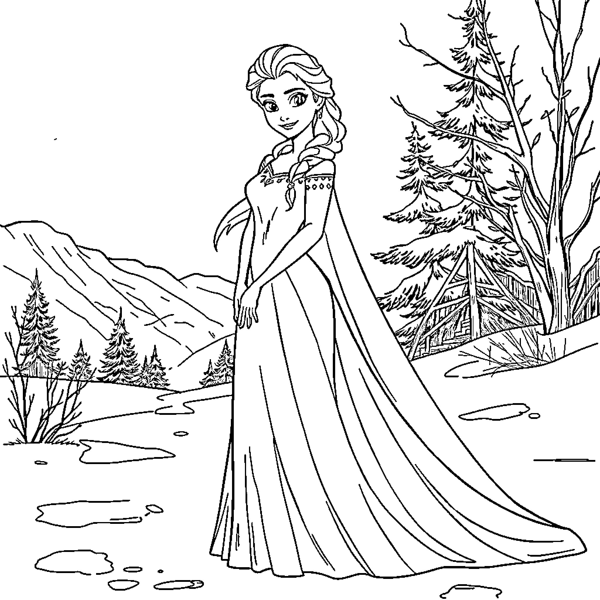 Elsa admiring the winter landscape in her icy gown Coloring Page (free black-and-white line drawing printable PDF for all, from beginners to advanced learners, including children, teens, adults, and seniors)